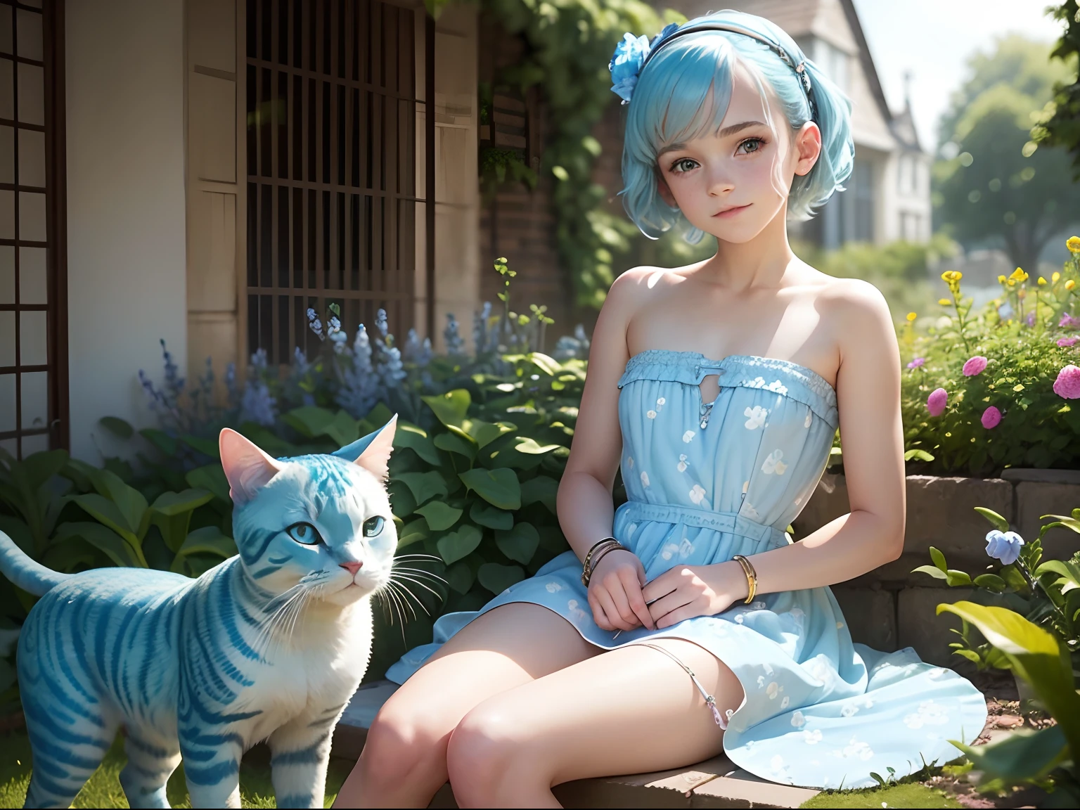 tween Emma Watson wearing a light blue floral patterned strapless playsuit in the garden stroking a light blue tabby cat, small bust, small chest, cute smile, light blue hair accessories, light blue bracelet. light blue hair.