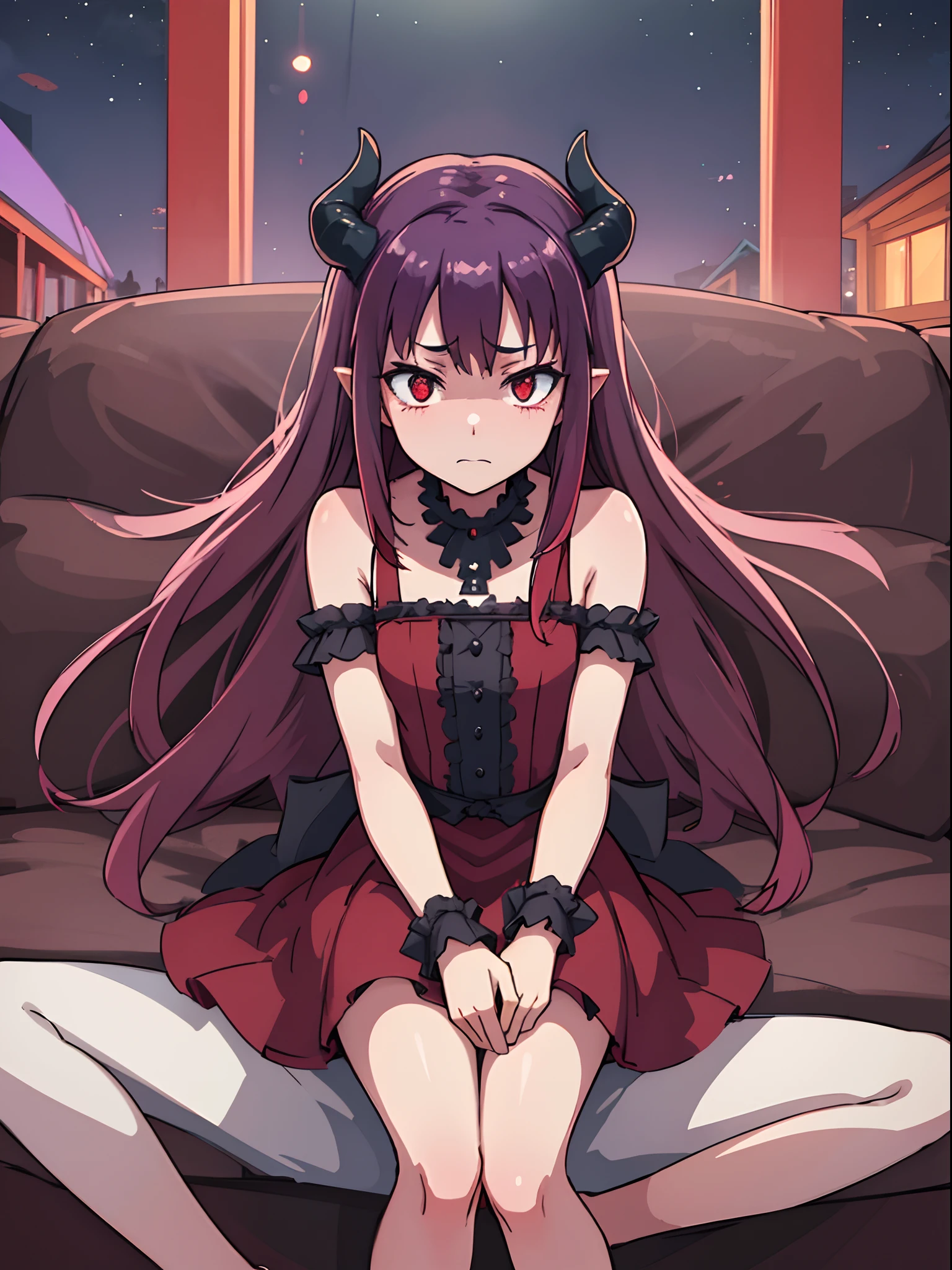 absurdres, highres, ultra detailed, <lora:Jahy_Demon_Lord_V1-000007:0.9>, maou, long hair, black dress, black detached sleeves, expressionless, wariza, indoors, looking at viewer