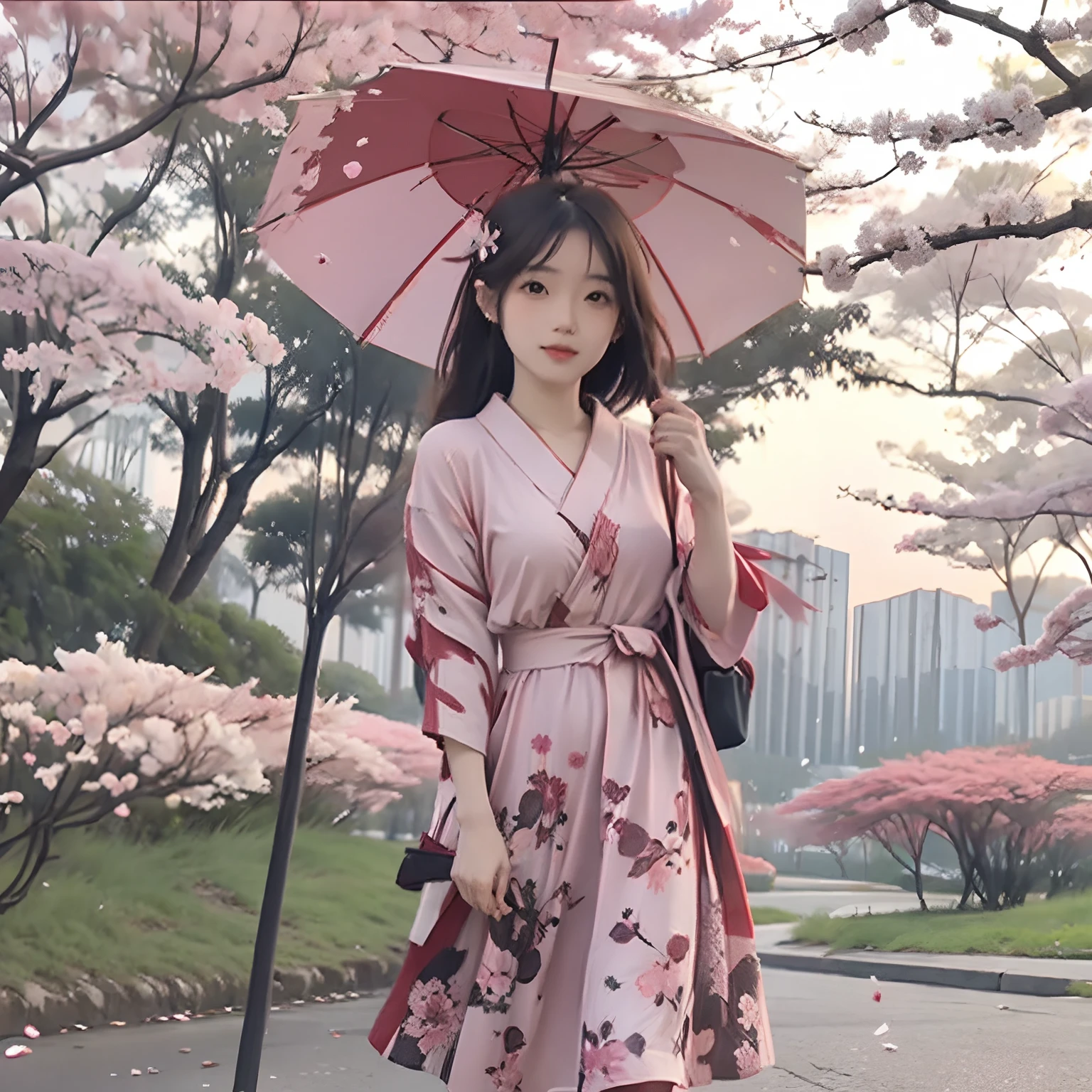 Japanese girl, holding umbrella, cherry blossom background, falling cherry blossom petals, sunset, standing in a park, floral dress, looking away from camera