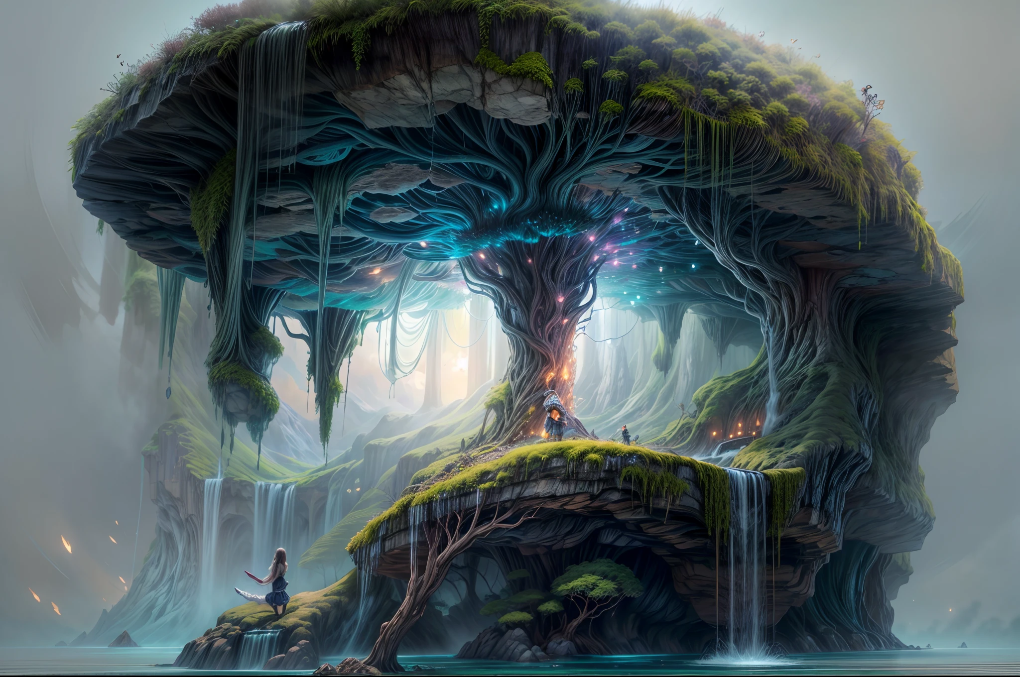 (best quality,4k,8k,ultra highres,masterpiece:1.2),ultra-detailed,(realistic,photorealistic,photo-realistic:1.37)A whimsical, dreamlike artwork that combines elements of a "Waterfall Shower Girl Cave" with fantasy. The cave is nestled beneath a towering mushroom canopy, and the waterfall is a shimmering ribbon of liquid stardust. Inside the cave, a girl with wings bathes under the enchanting cascade, surrounded by fireflies