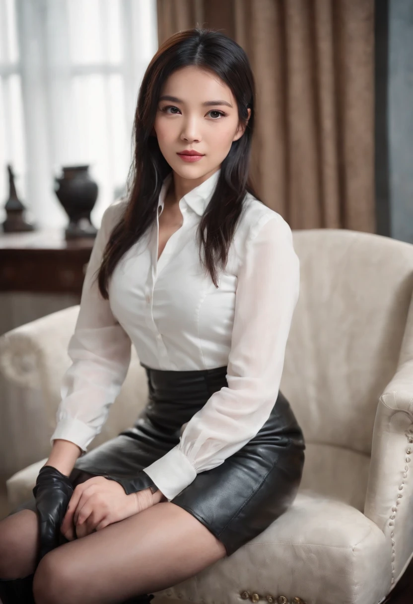 Black leather gloves with five fingers in both hands, black leather tight skirt, white blouse, black leather long boots, Japanese girl with straight black hair, sit on a leather chair with her feet aligned, both hands of leather gloves are aligned on her knees