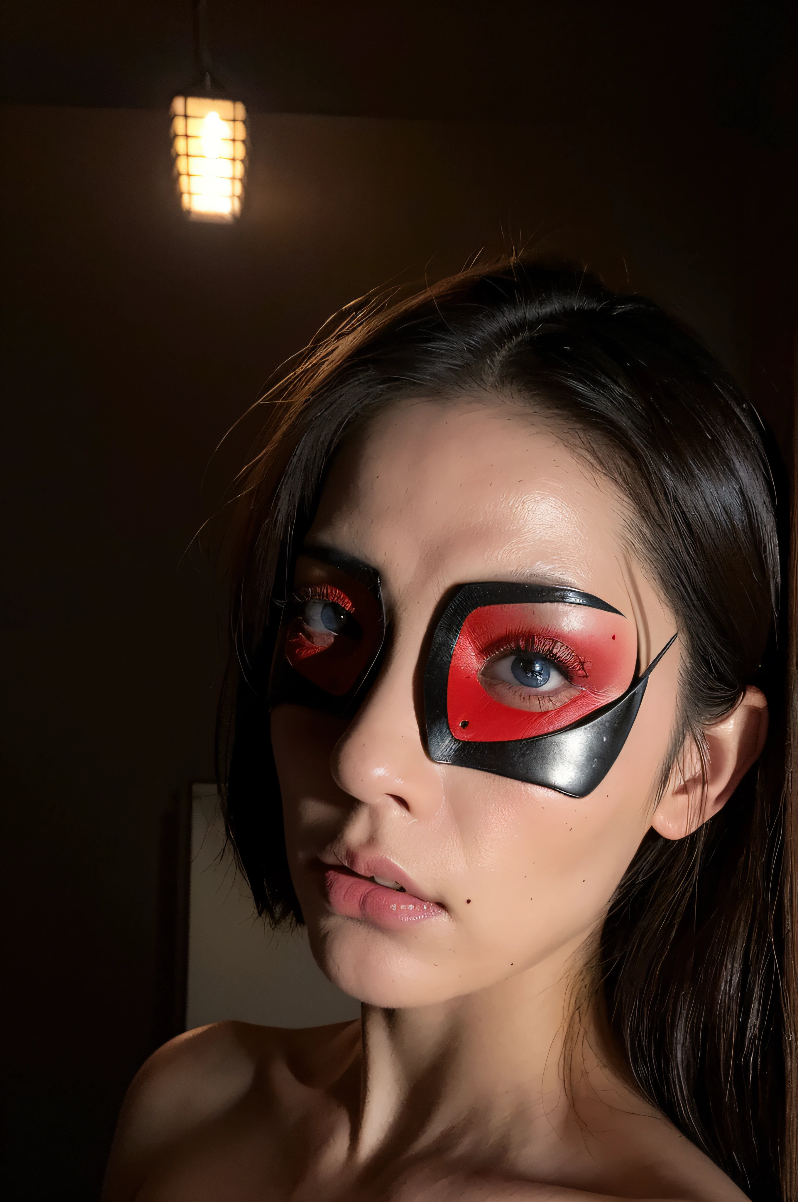 "(The best lighting, oscuro, dramatic),(Mujer, extranjero, Hellraiser, triste, Cicatrices, , sexy, cerebro, sangre, una rata dentro de la cabeza, Horror mask.),(ojos rojos, calaveras). morning light.
