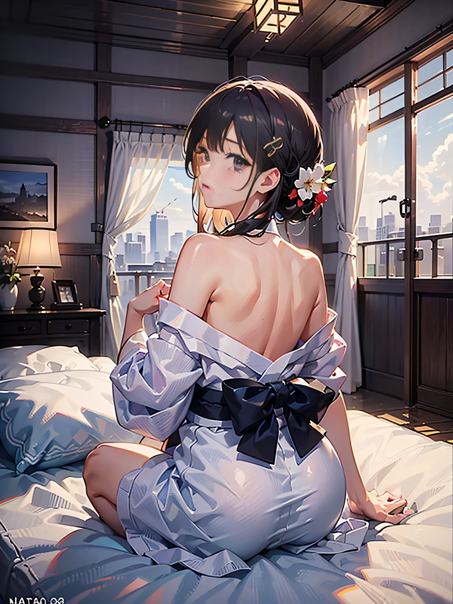 in 8K、top-quality、​masterpiece、ultra-detailliert、Ultra-high resolution、Anime style、(1人の女性)、natta、darkened room、On the futon、Sit up、Hakata yukata、Wide open chest、bare shoulders​、Red face、embarrassed from、Perspective from behind