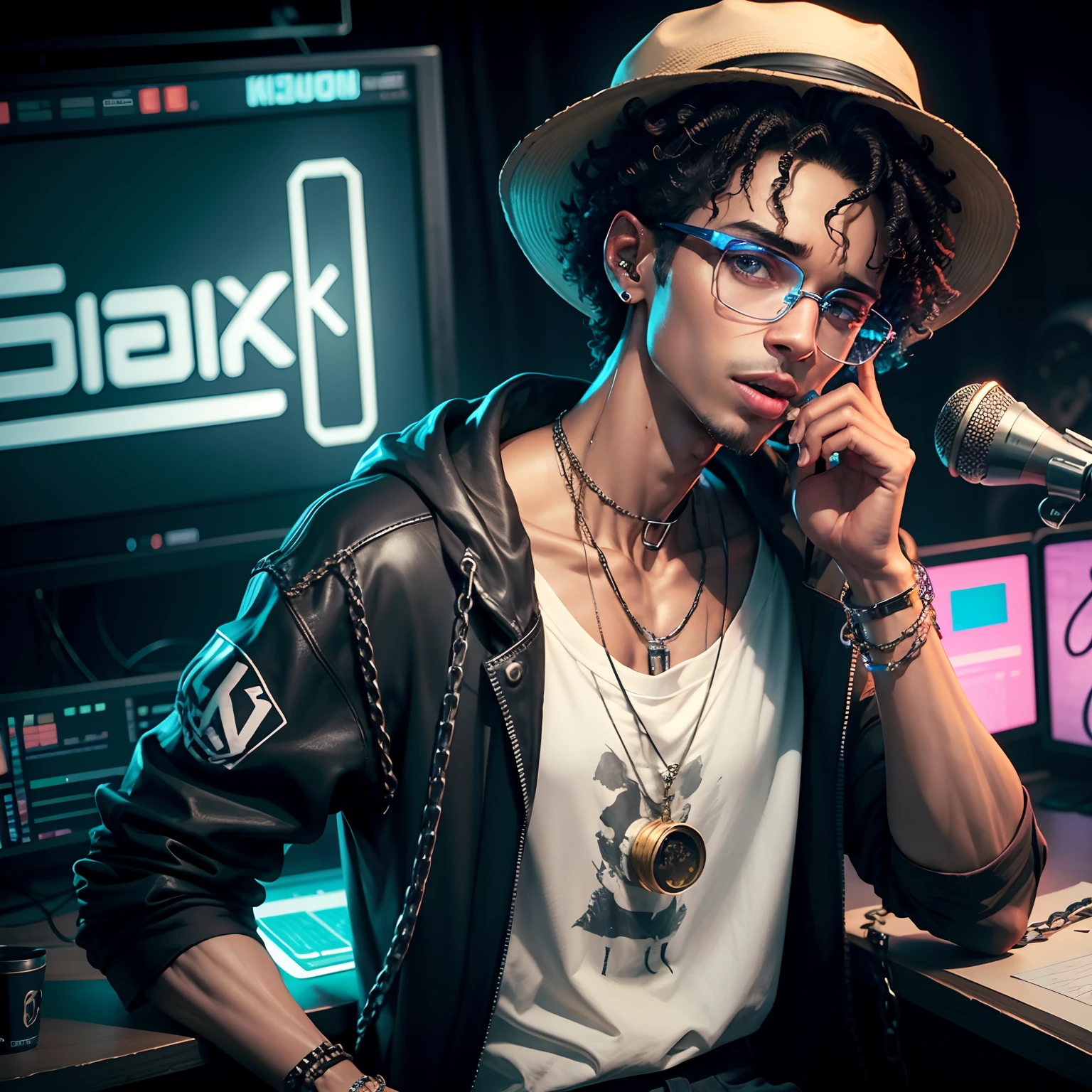 Skinny fair-skinned man with short curly hair with glasses wearing bucket hat, With chains around his neck wearing sweatshirt singing trap in 4K studio cyberpunk photos, luzes neon