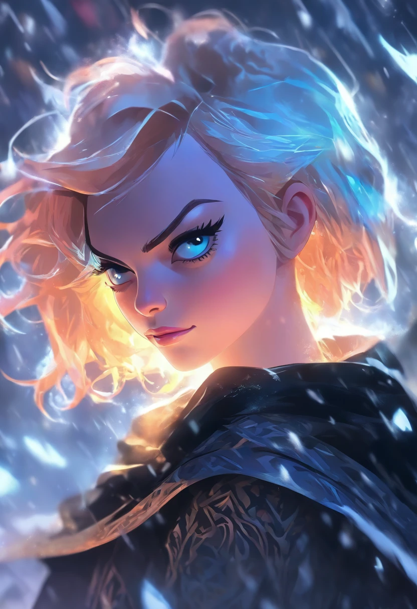 Portrait of Emma Stone, silver hair, yellow eyes, white skin, a female maiden, ((black cloak)), singing in the storm, silver hair, fauxhawk haircut, fierce, badass, proud, cold bright eyes, warpaint, dark church ruin, winter, storm, blizzard, cold sunset, majestic heroic pose, D&D, Intricate, abstract, patterns, highly detailed, illustrative, vibrant, painterly, epic, majestic, magical, fantasy art, cover art, dreamy, masterpiece, award-winning, sticker, fantasy, dreamy, vector illustration, 2d flat, centered, professional, sleek, modern, minimalist, graphic, line art, vector graphics