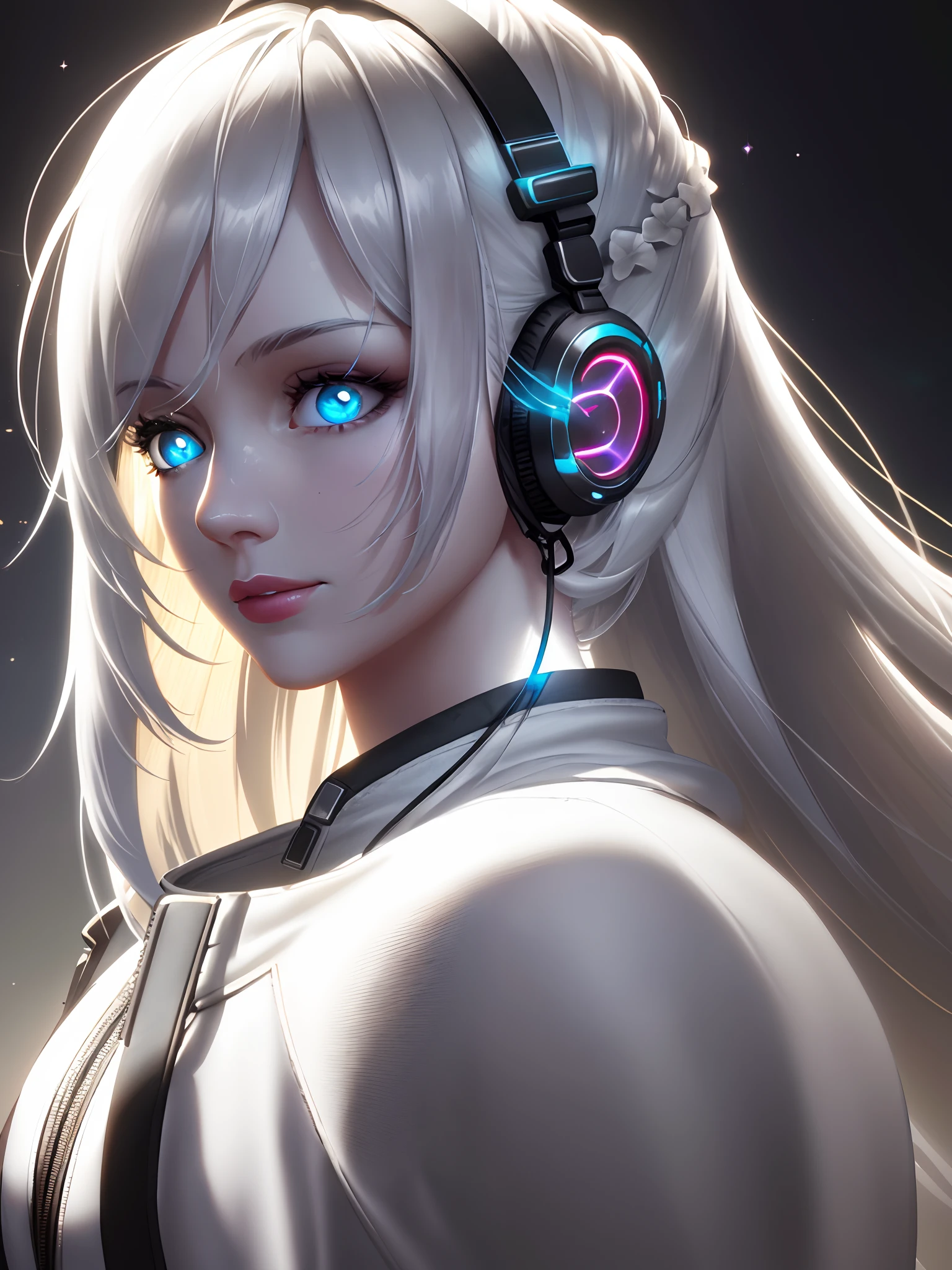 (on the moon, space, looking back into earth), white hair, black tank top, volumetric lighting, white jacket, glowing headphone, cyberpunk, futuristic, multi-color eyes, detailed eyes, hyper detailed,light smile,

highly detailed, beautiful, small details, ultra detailed, best quality, intricate, hyperrealism, sharp, digital illustration, detailed, realism, intricate, 4k, 8k, trending on artstation, good anatomy, beautiful lighting, award-winning, photorealistic, realistic shadows, realistic lighting, beautiful lighting, raytracing, intricate details, moody, rule of thirds, masterpiece, (illustration:1.1), highres, (extremely detailed CG, unity, 8k wallpaper:1.1), beautiful face, highly detailed face,  ultra realistic, masterpiece, bokeh, extremely detailed, intricate, zoomout,

colorful, vibrant colors, red nail polish, side view,