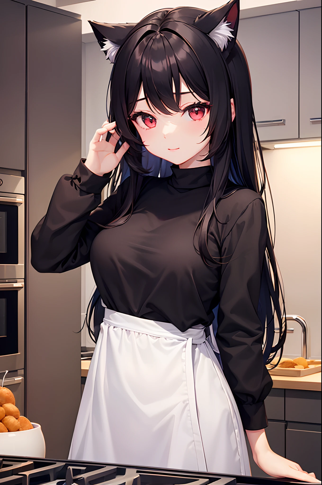 1 girl, casual dress, cooking, in the kitchen, long black hair, neko style cat ears, red colour eyes, beautiful, cute, perfect body figure, normal breast 1:3, pale skin, look at the viewer