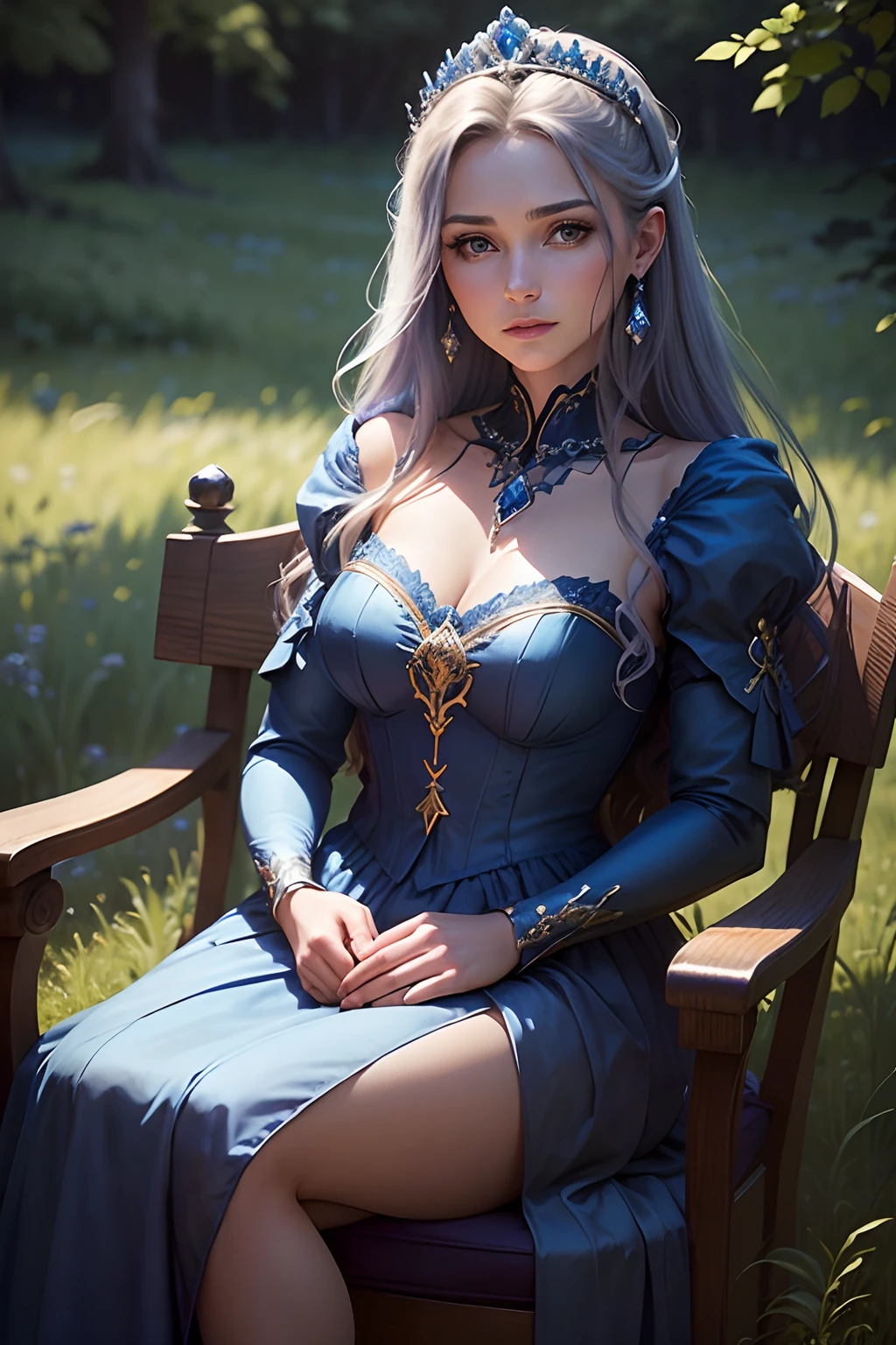 arafed woman in a blue dress and tiable sitting in a field, a portrait by Galen Dara, trending on cg society, fantasy art, beautiful female princess, beautiful princess, medieval princess, a beautiful fantasy empress, royal gown, royal dress, gorgeous woman, blue tiara, princess portrait, royal elegant pose, costume with blue accents, tiara with sapphire