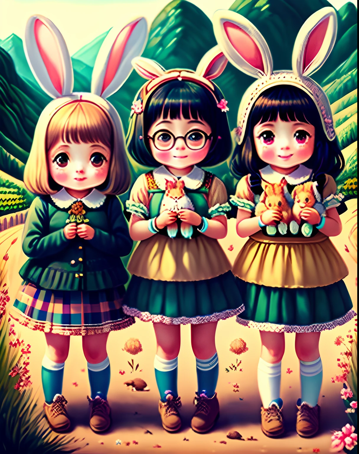 Three cheerful girls and 1 intelligent and cute rabbit in the valley of joy