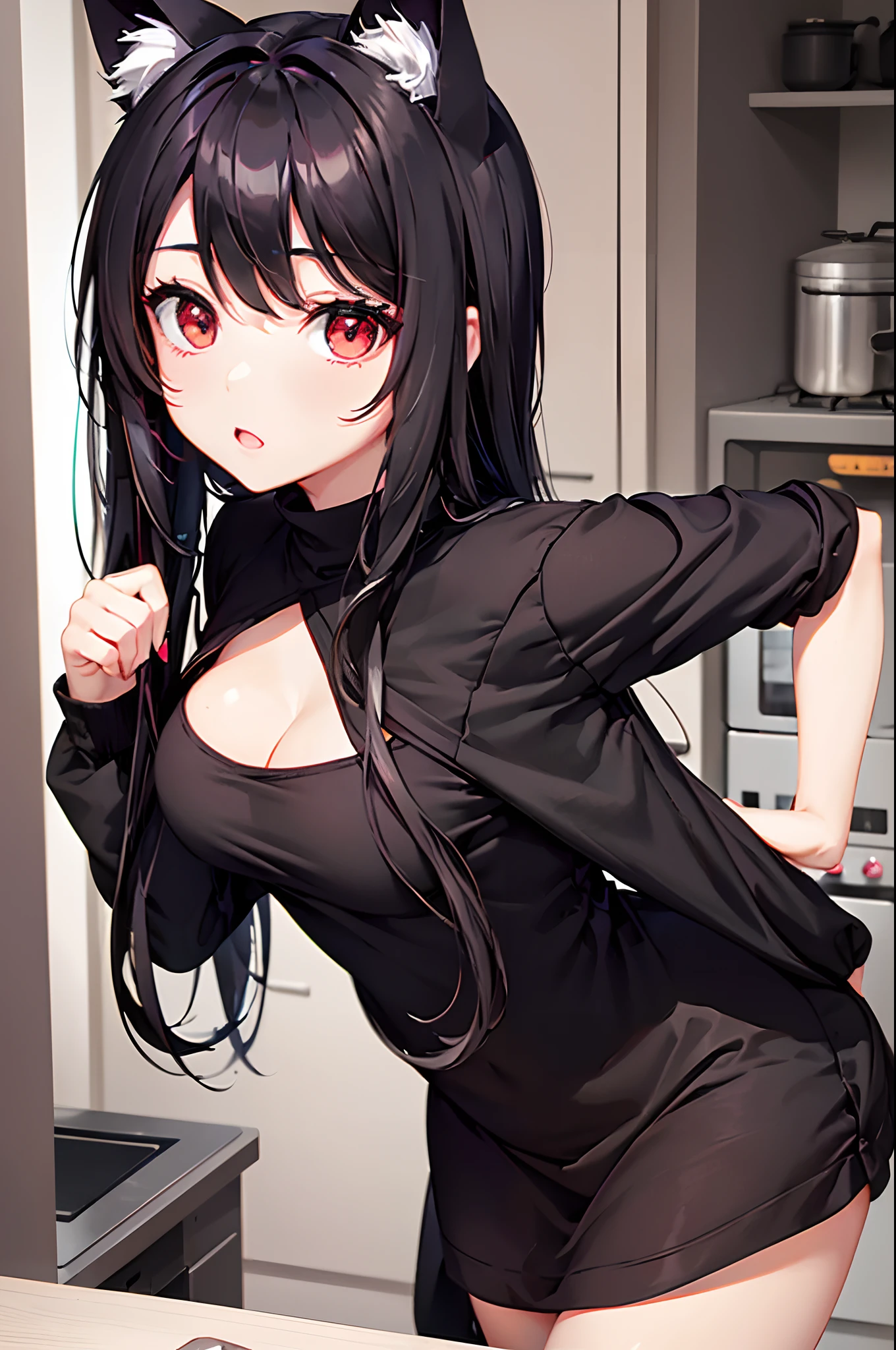 A girl wearing nothing (naked), Only an apron, black color hair, long hair, Perfect body, Detailed and refined eyes, Nice face, an earring, in a kitchen, a seductive expression, There is sweat, The face is slightly red, a dynamic pose, Look to viewer, Japanese style, Marin Baichuan fanart, cinematic lighting, anime