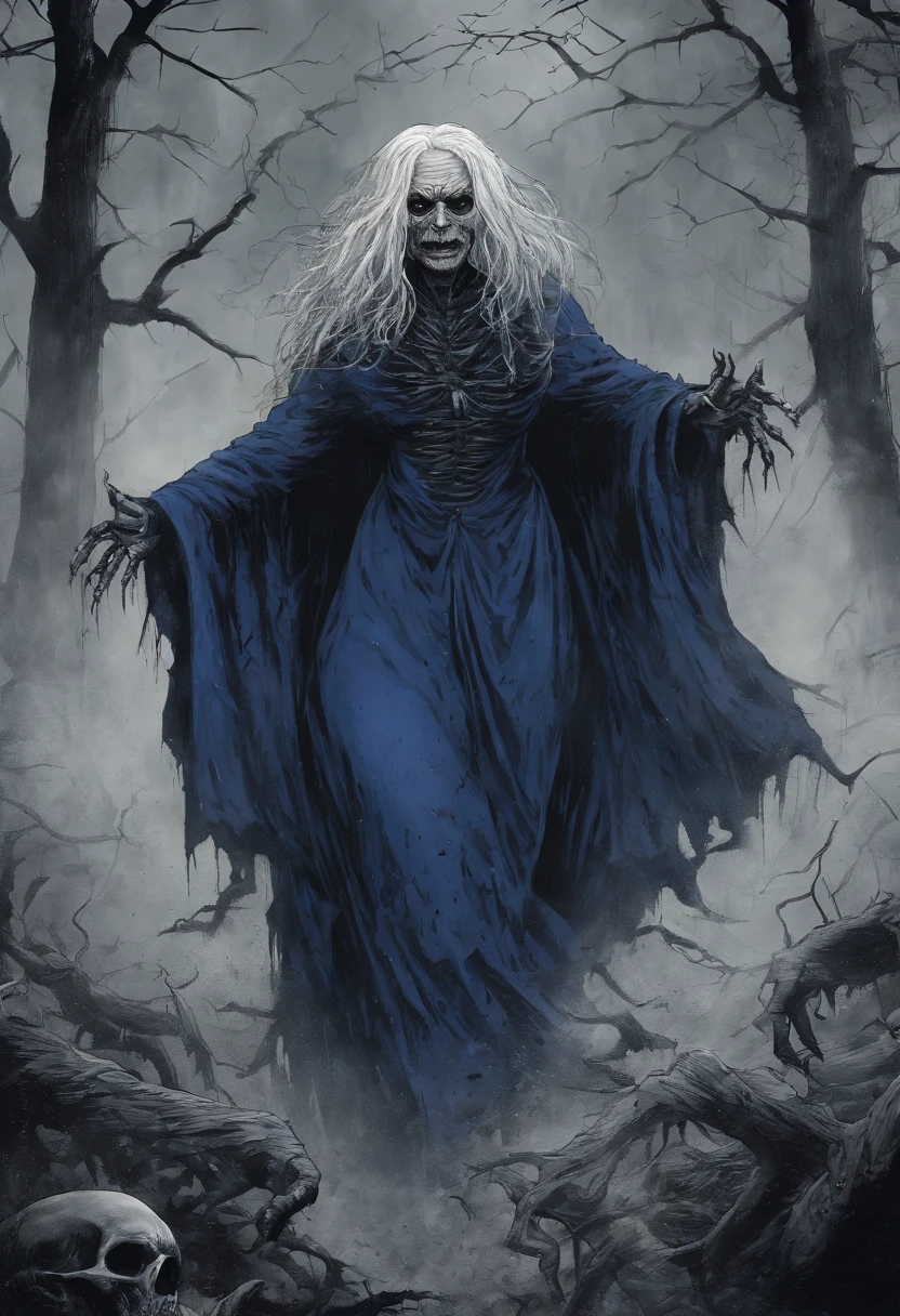 uma bruxa de 79 anos, with long white hair down to the feet, An evil laugh and royal blue clothes, com corvos em volta dela