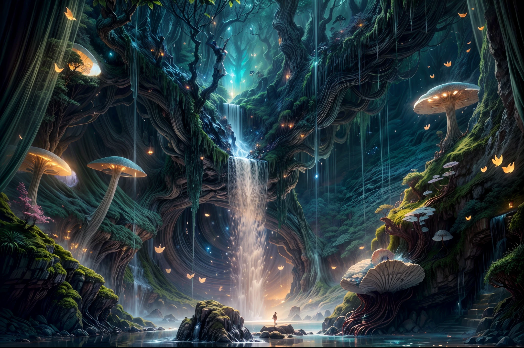 (best quality,4k,8k,ultra highres,masterpiece:1.2),ultra-detailed,(realistic,photorealistic,photo-realistic:1.37)A whimsical, dreamlike artwork that combines elements of a "Waterfall Shower Girl Cave" with fantasy. The cave is nestled beneath a towering mushroom canopy, and the waterfall is a shimmering ribbon of liquid stardust. Inside the cave, a girl with wings bathes under the enchanting cascade, surrounded by fireflies