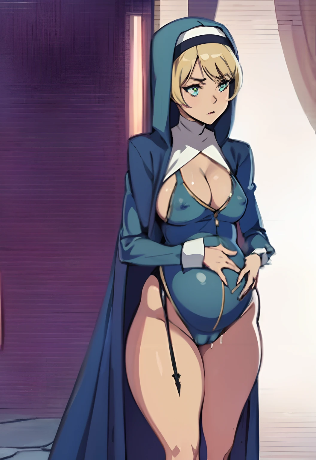 4k, masterpiece, 1girl, solo, indoors, facing away, Anime nun stuck in a dungeon, highly detailed, doujin, fine details, anime styled, hyperdetailed!!, zerochan, leaking cum, by Shingei, highly_detailed!!, high contrast, long hair, blonde hair, hair with blue highlights, bimbo, bulging stomach, nun, black nun outfit, hood, uninterested expression, flat chested, (wide hips), spread legs, perky breasts, big ass, thick thighs, (covered nipples), clevage cutout, thigh gap, cleavage, deep cameltoe, 9-months pregnant, arched back, (18+), looking at viewer, cobblestone walls, pregnant belly clothing cutout, holding crystal egg, looking at viewer