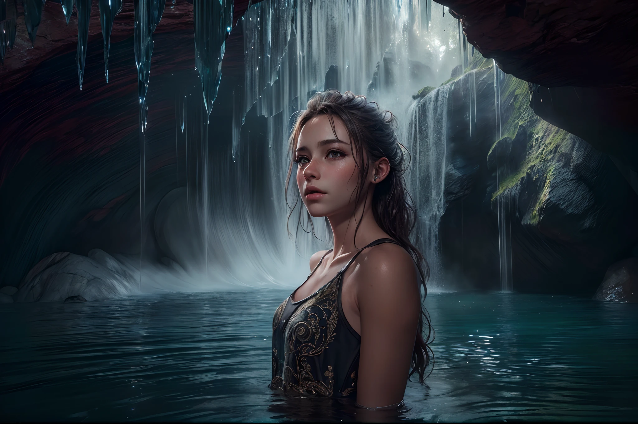 (best quality,4k,8k,ultra highres,masterpiece:1.2),ultra-detailed,(realistic,photorealistic,photo-realistic:1.37)Photorealistic rendering of a girl under a cave waterfall, ((crystal-clear reflections)), striking realism, dramatic lighting, intricate details, breathtaking scenery, raw beauty, photographic precision