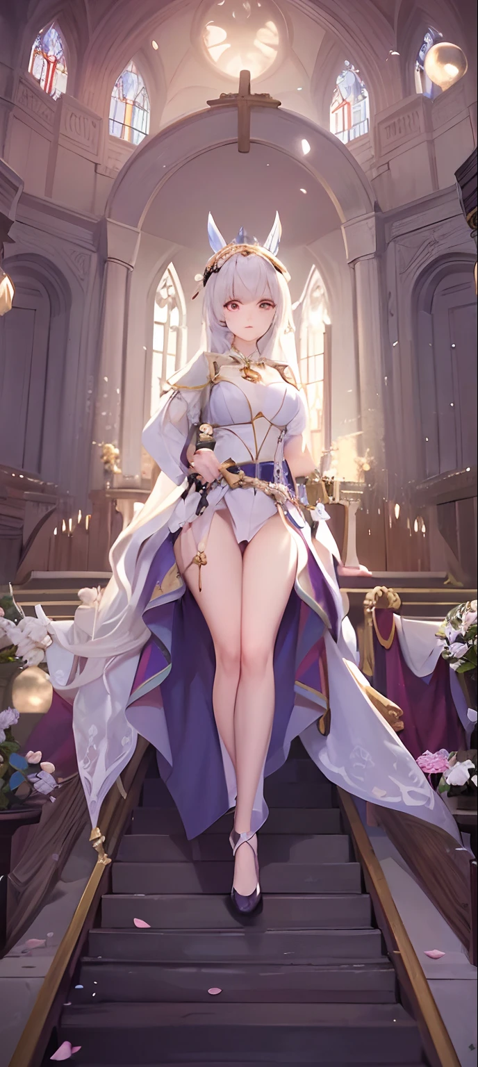 Is sitting on the throne　Hold the rapier vertically　Dignified face　Hair flutters　Wind direction from the right　Attitude without presence　Big Full Moon Behind　Petals are fluttering　Anime girl in white costume holding sword and sword in front of Nioh standing church, cushart krenz key art feminine, ((a beautiful fantasy empress)), pretty female cleric, ((wearing aristocrat robe)), dressed like a cleric, royal elegant pose, cleric, Ayaka Genshin Impact, full portrait of elementalist, inspired by Li Chevalier