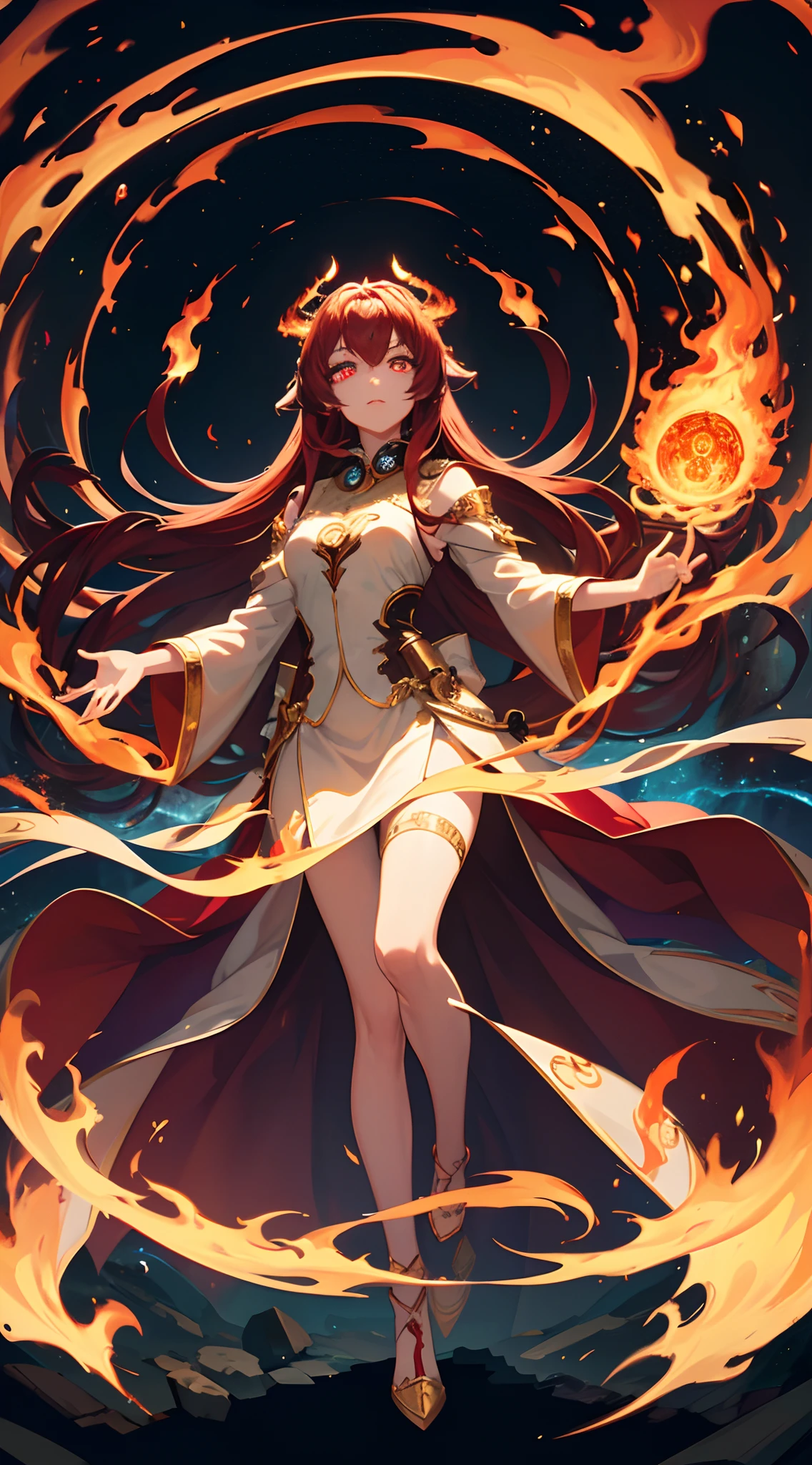 digital art, full body, masterpiece, best quality, in the center of the frame, 1girl, empress, imposing pose, ((casting a spell)) detailed face, super detailed glowing red eyes, long exposure shot((glowin eyes:1.8)), long flowing red hair, detailed hair, inside a temple, well lit, illuminated environment, solo, (((looking at viewer:1.5))), long ceremonial costume, (((surrounding flames:1.3))), front lighting, 8K,