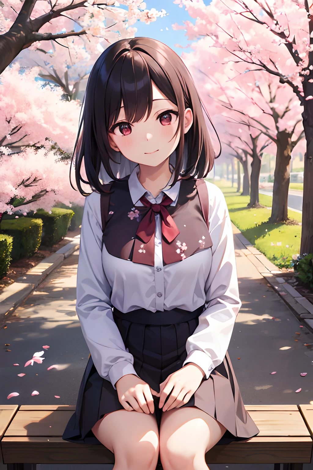 (masutepiece), Best Quality, High resolution, Highly detailed, Detailed background, Perfect Lighting, plein air, 1girl in, Cherry blossoms in full bloom