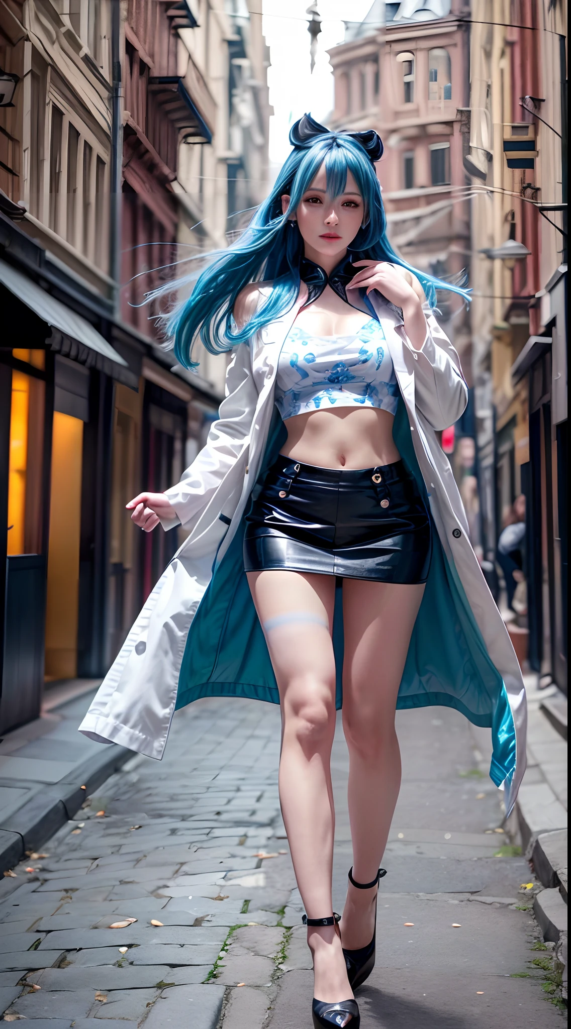 (Best quality,4K,8K,A high resolution,Masterpiece:1.2),Ultra-detailed,(Realistic,Photorealistic,photo-realistic:1.37),Long shot,Blue-haired girl, Hair falls on the left shoulder, Wears a white coat lined with red, blackminiskirt, Patterned stockings, High heels, Walking on the street, Reminiscent, concept-art, Blurred background, Soft lighting, vivd colour