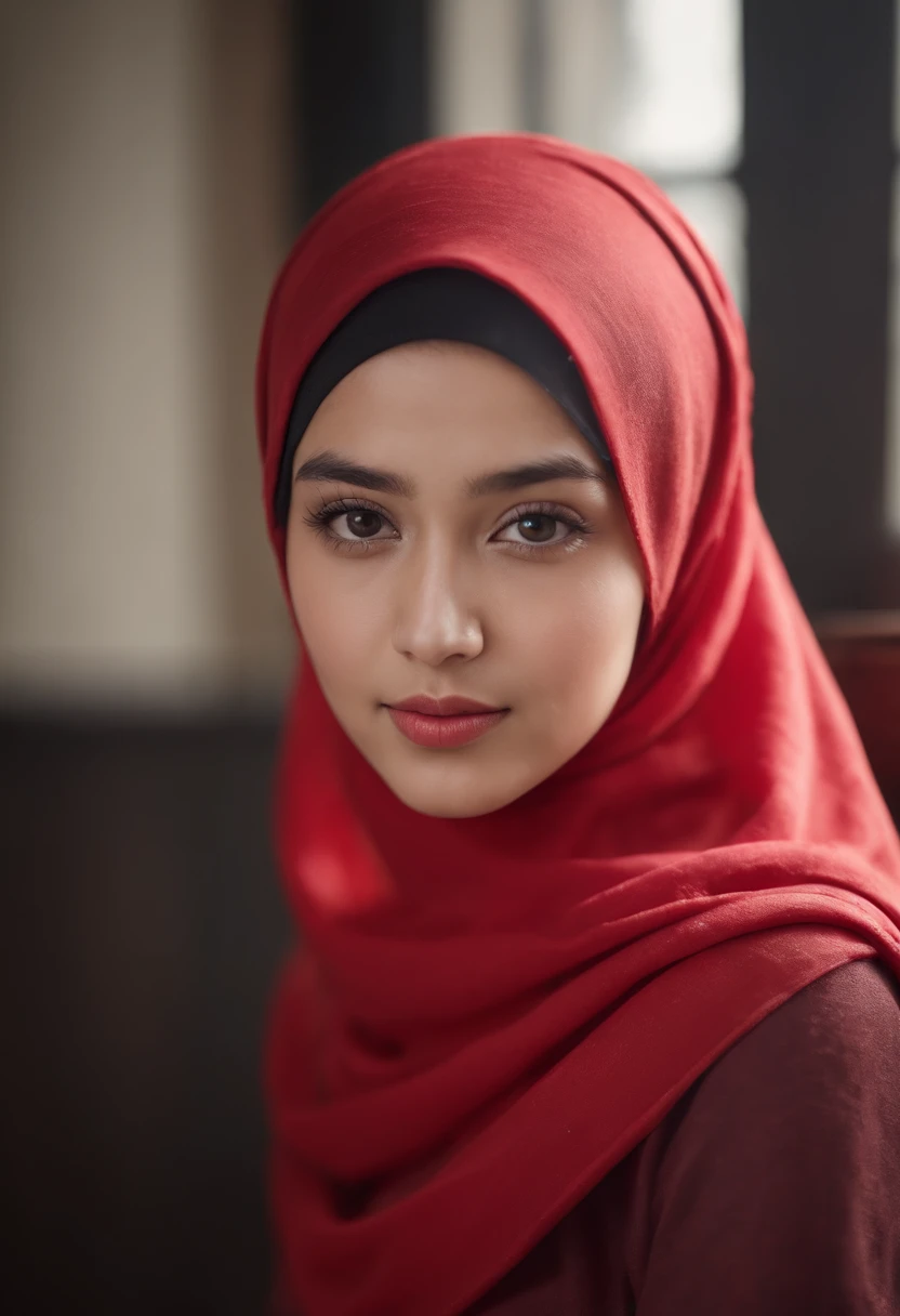 Photo portrait of a beautiful Bandung girl wearing a hijab and dimples, around ************, (plain red hijab), (portrait medium shot:1.3), dramatic light, Rembrandt lighting scheme, (hyperrealism:1.2), (8K UHD: 1.2), ( photorealistic:1.2), shot with Canon EOS 5D Mark IV, facial detail, skin texture detail. sitting on the chair reading a book