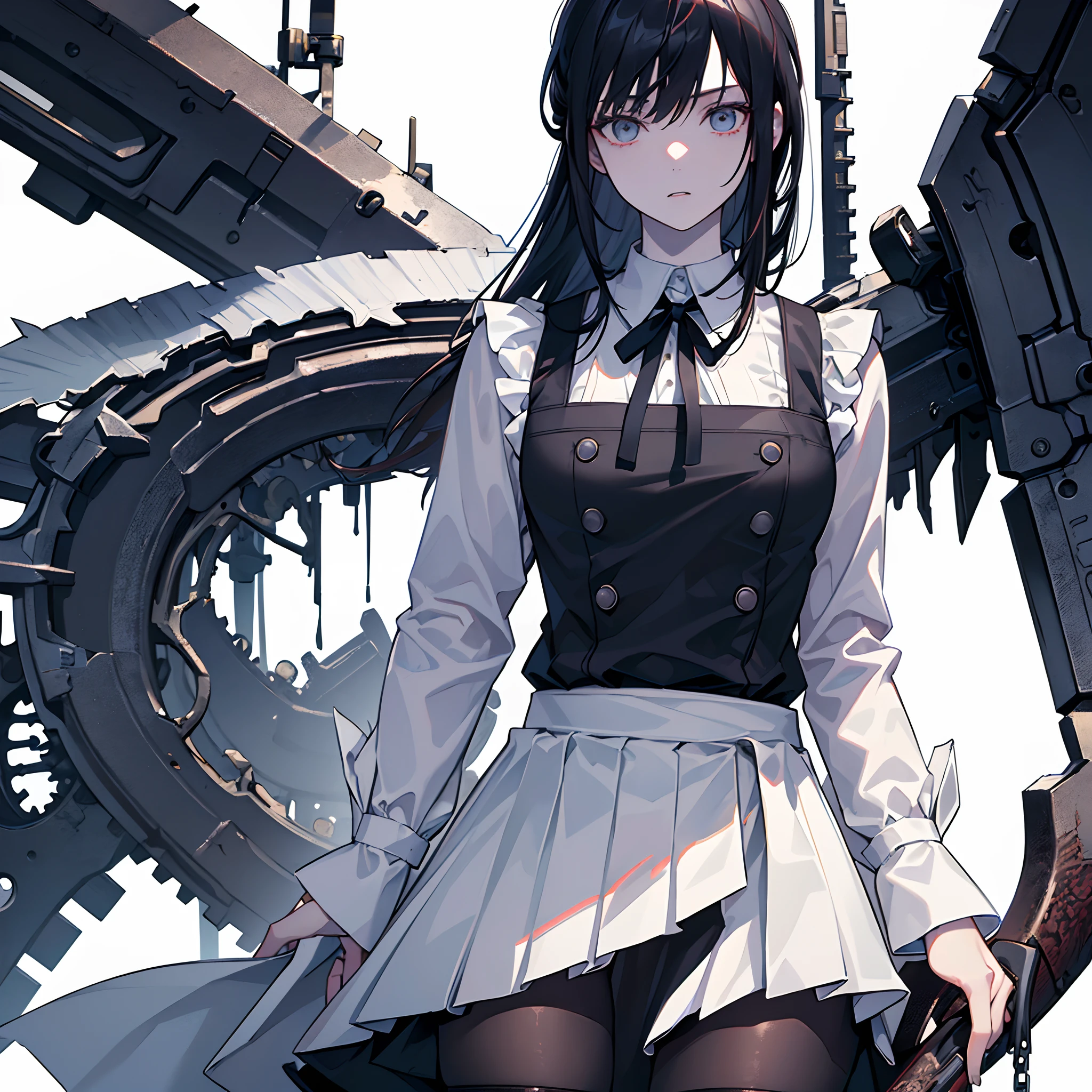 ((masterpiece, best quality)), (1girl), (solo), (female focus), yoru \(chainsaw man\),(very detailed face, real image, realistic white skin, realistic body, intricate details), upper body, focus on face, black hair tied, long hair, intimidating look, black pinafore dress, shirt, neck ribbon, small breasts