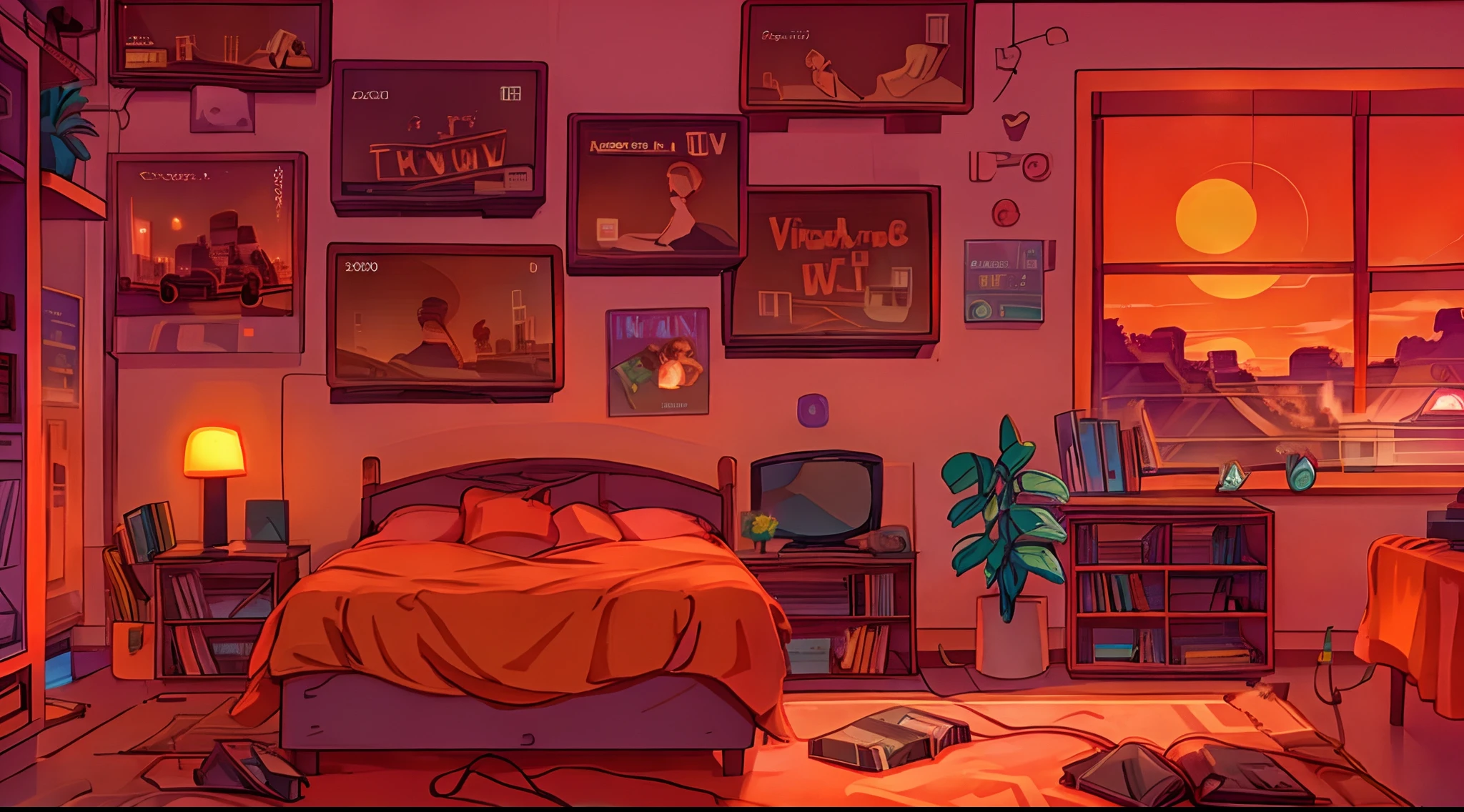 orange sky, bedroom, Lofi vibe, tv & videogames, guy