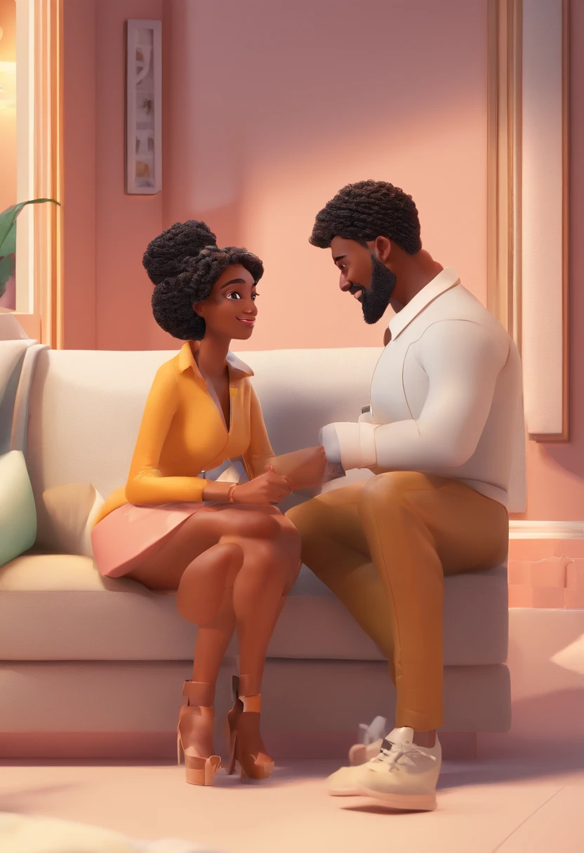 Une illustration qui met en valeur un homme et une femme avec de belles, expressive eyes - man's hair is straight and black, while the woman's hair is short and curly and also black. They are placed in a bright room, chacun portant des sacs , and share a special moment characterized by love, Laughter, and educational opportunities. Illustrate this scene from a point of view where they face the camera, Present their connection. Develop this work in Full HD, focusing on its cinematic touch.