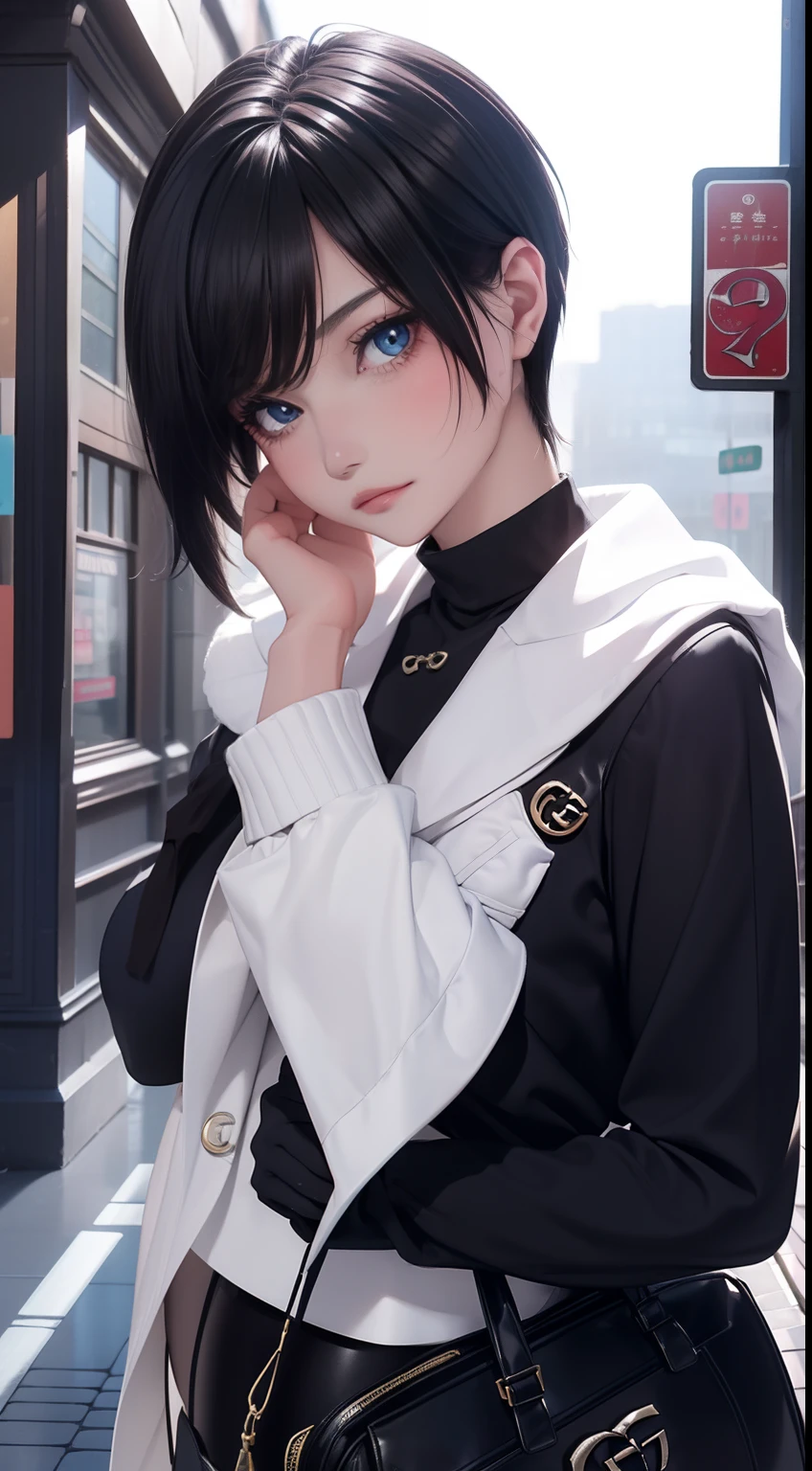 4K, Realistic, ighly detailed, Soft clothes, Short hair, Wearing enamel black leggings, 25 years old, Full body, Wear Gucci shoes、Shop windows in the city、fullllbody、Stand tall