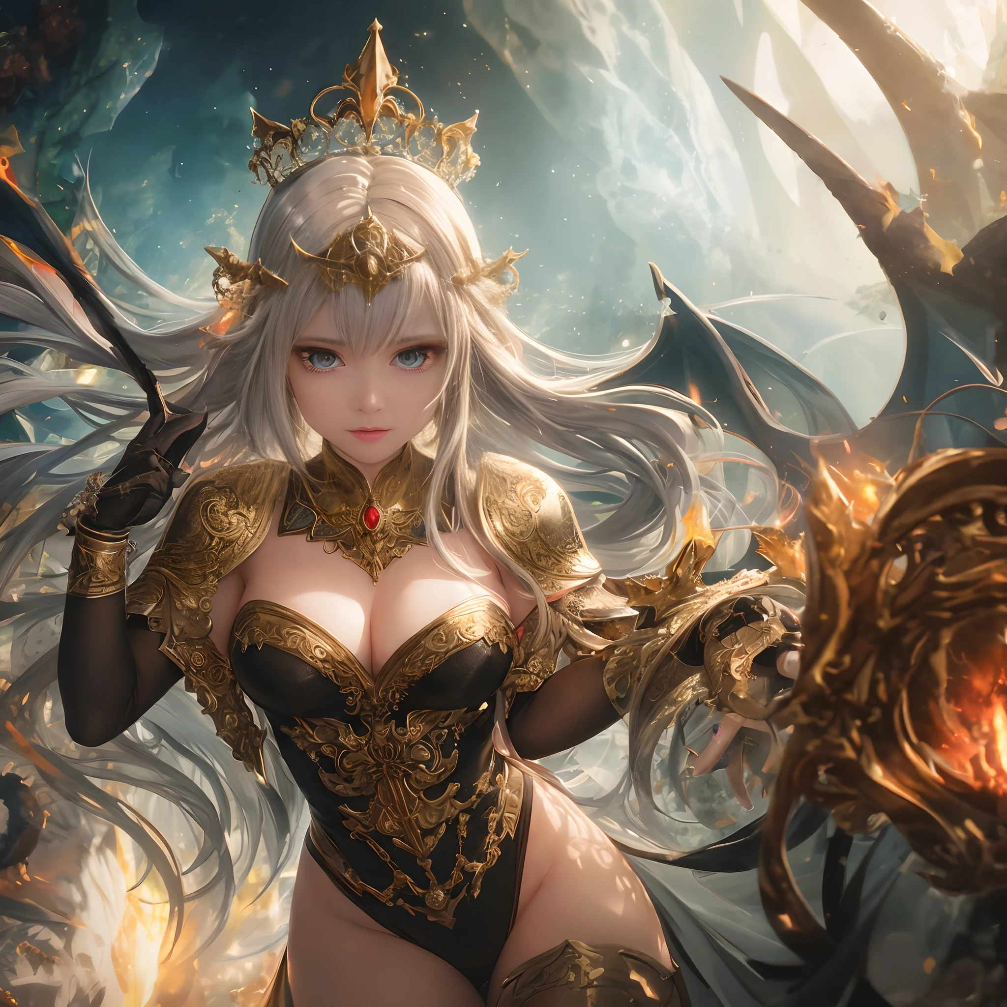 chromatic aberration, depth of field, soft lighting, masterpiece, best quality, intricate, tone mapped, highly detailed, artstation, concept art, smooth, sharp focus, dramatic lighting, highly detailed artwork, cinematic, hyper realistic painting, trending on Artstation, 8K, incredible shadows, realistic, (highly detailed background:1.0), a demon princess floating above the hordes of hell, she commands the army with her mighty trumpet, she wears a crown covered in lava, her glowing red eyes are on fire