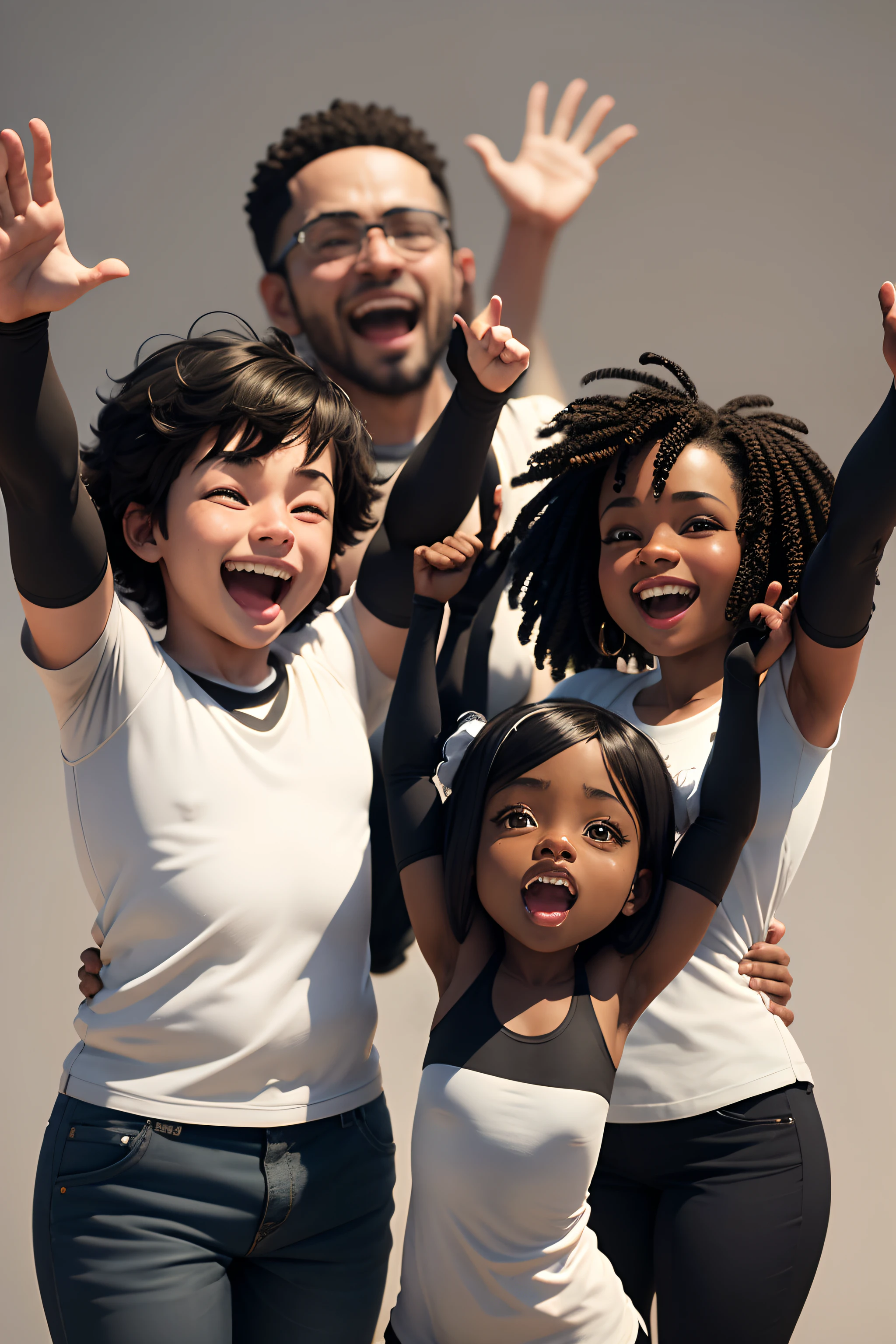 3D drawing of adults of various happy blacks and whites with arms up