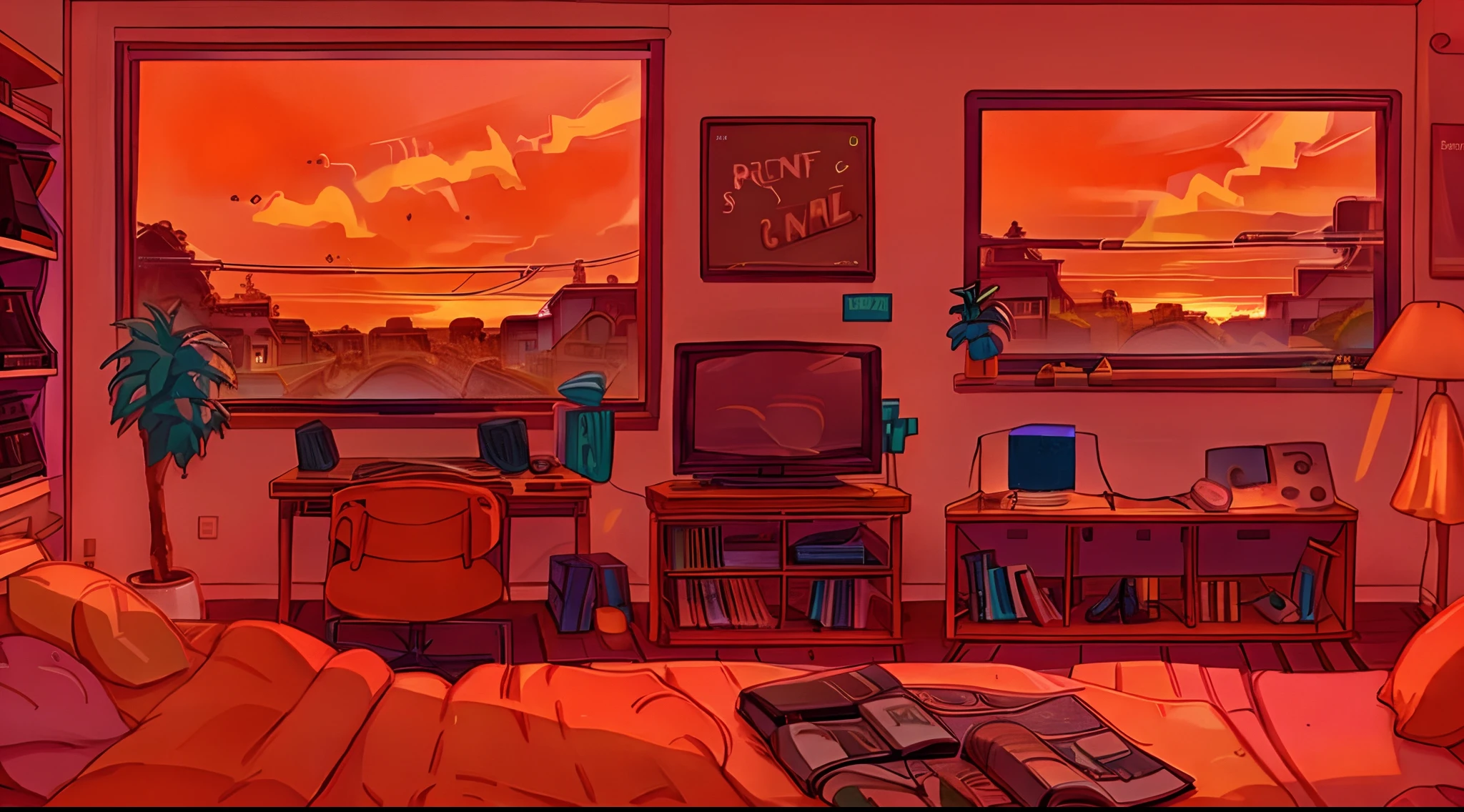 orange sky, bedroom, Lofi vibe, tv & videogames, guy