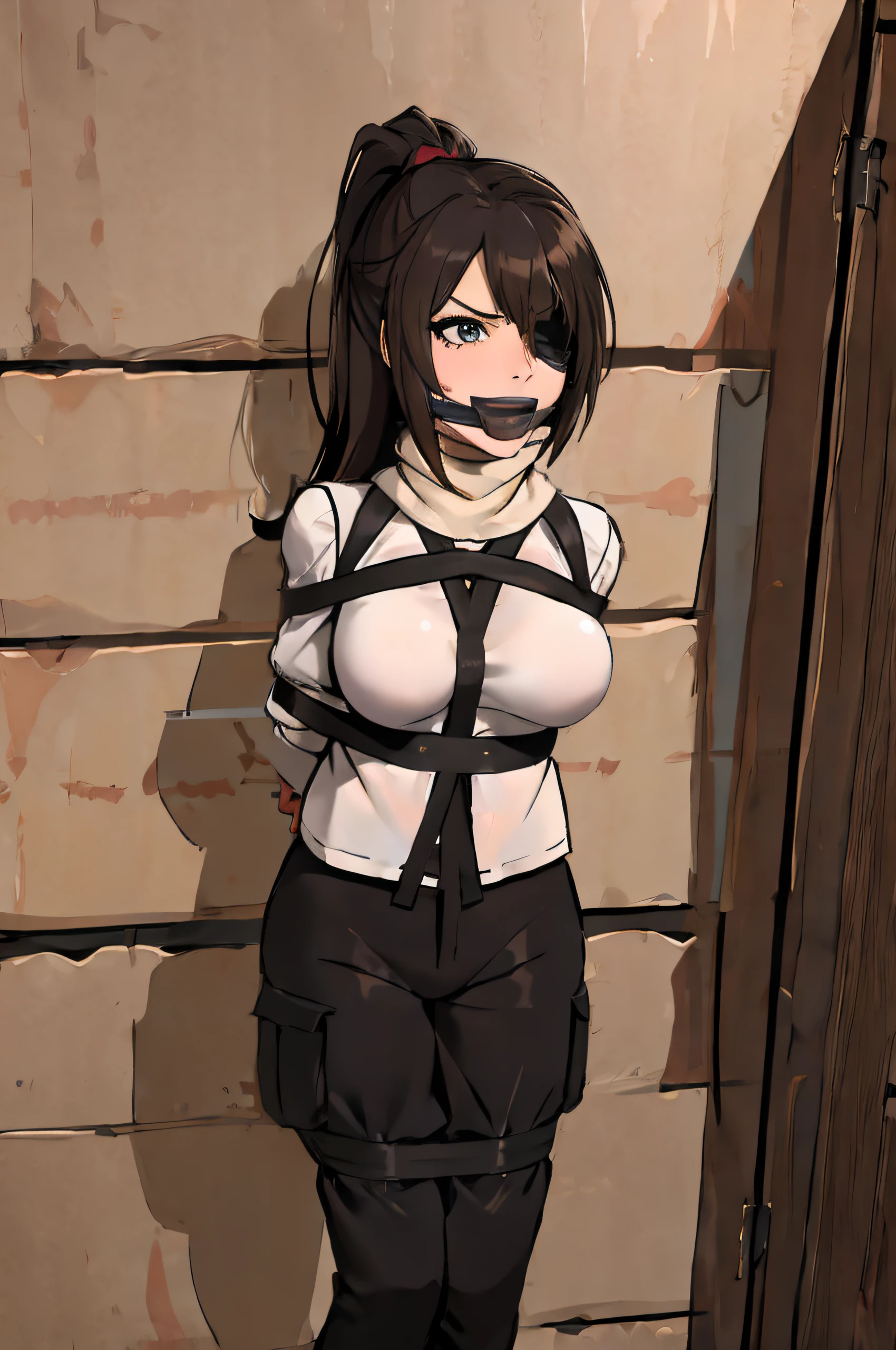 (absurdres, 8k, 4k, masterpiece, hyper extreme detailed:1.2), solo, 1girl, front view, portrait, best quality, expressive eyes, perfect face, 1girl, portrait, solo, standing, Female, toned body, mature female, medium breasts, pale, hair covering one eye, dark brown hair, long hair, eyepatch, sarcastic, snarky, soldier, adult, hazel eyes, shorts, delinquent, chest harness, black scarf, groan, annoyed, sarcastic, Military, tape gag, tape bondage, suspension, tied_breasts, gagged, gag, bound, bondage, (arms behind back:1.4), bdsm, taped mouth, gagged, shirt, pants, mouth taped, mouth shut, stuffed mouth, tied shirt, bondage, straitjacket, straps, stuffed mouth,