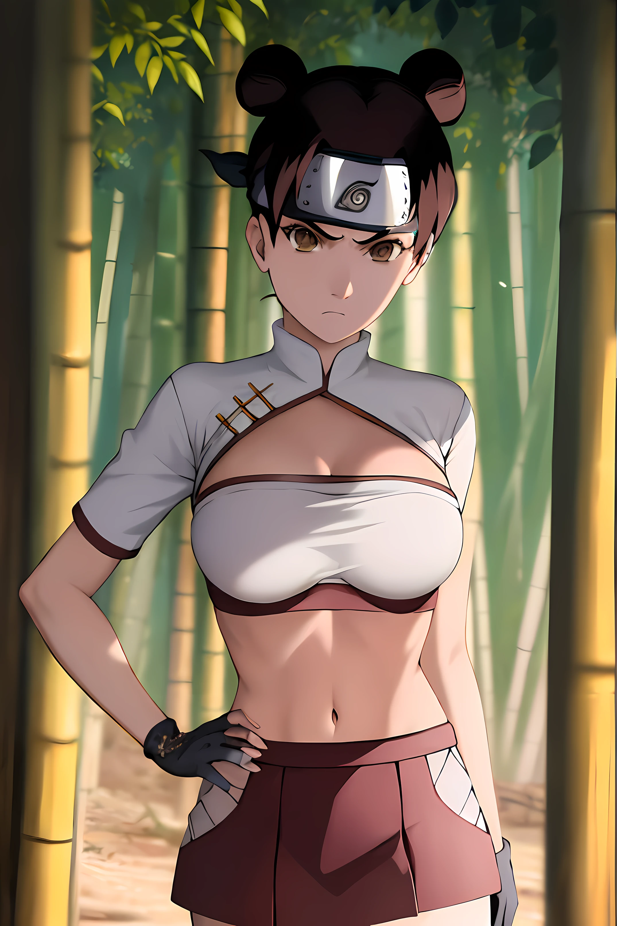 masterpiece, absurdres , (intricate details), (colorful),cinematic lighting,bust shot,extremely detailed CG unity 8k wallpaper,tenten\(shippuden\), 1girl, solo, hakama pants, white shirt, medium breasts, hand on hip,forehead protector, konohagakure symbol, headband,  looking at viewer, outdoors, bamboo forest,  frown, ((midriff)), blushing, underboob, (skimpy), arms behind head, arms up, ((exposed breasts)), ((nipples,