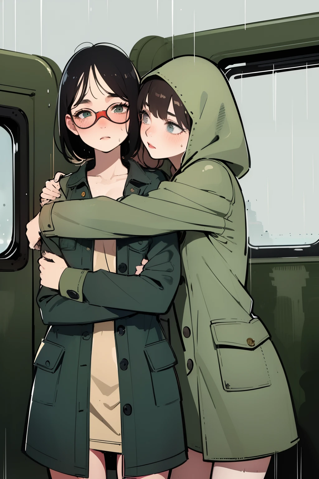 masterpiece, best quality, 2girls, (closeup), 18yo teen, slim, small breast, naked breast, nipple, open green raincoat, goggles on head, standing, in abandoned train, (hugging, love), warming, caress, blush, tired, heavy rain, downpour, wasteland, grey, desolate, rain, dark, watercolor