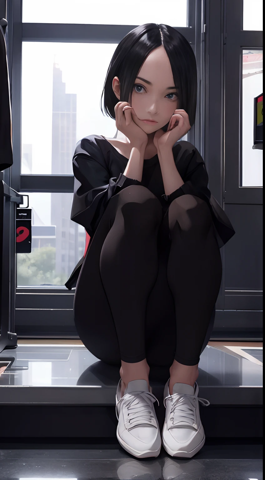 (Cinematic Digital Artwork: 1.3), High quality, masutepiece, of the highest quality, Super Detail, Illustration, [4K Digital Art]、(Moody lighting:1.2), depth of fields, Bokeh, 4K, Best Quality, masutepiece, 超A high resolution, (Photorealistic:1.4), Raw photo,  4K, Realistic, ighly detailed, Soft clothes, Forehead、Short hair, Wearing enamel black leggings, 25 years old, Full body, Wear Gucci shoes、Shop windows in the city、beauty legs、legs are long、dancing