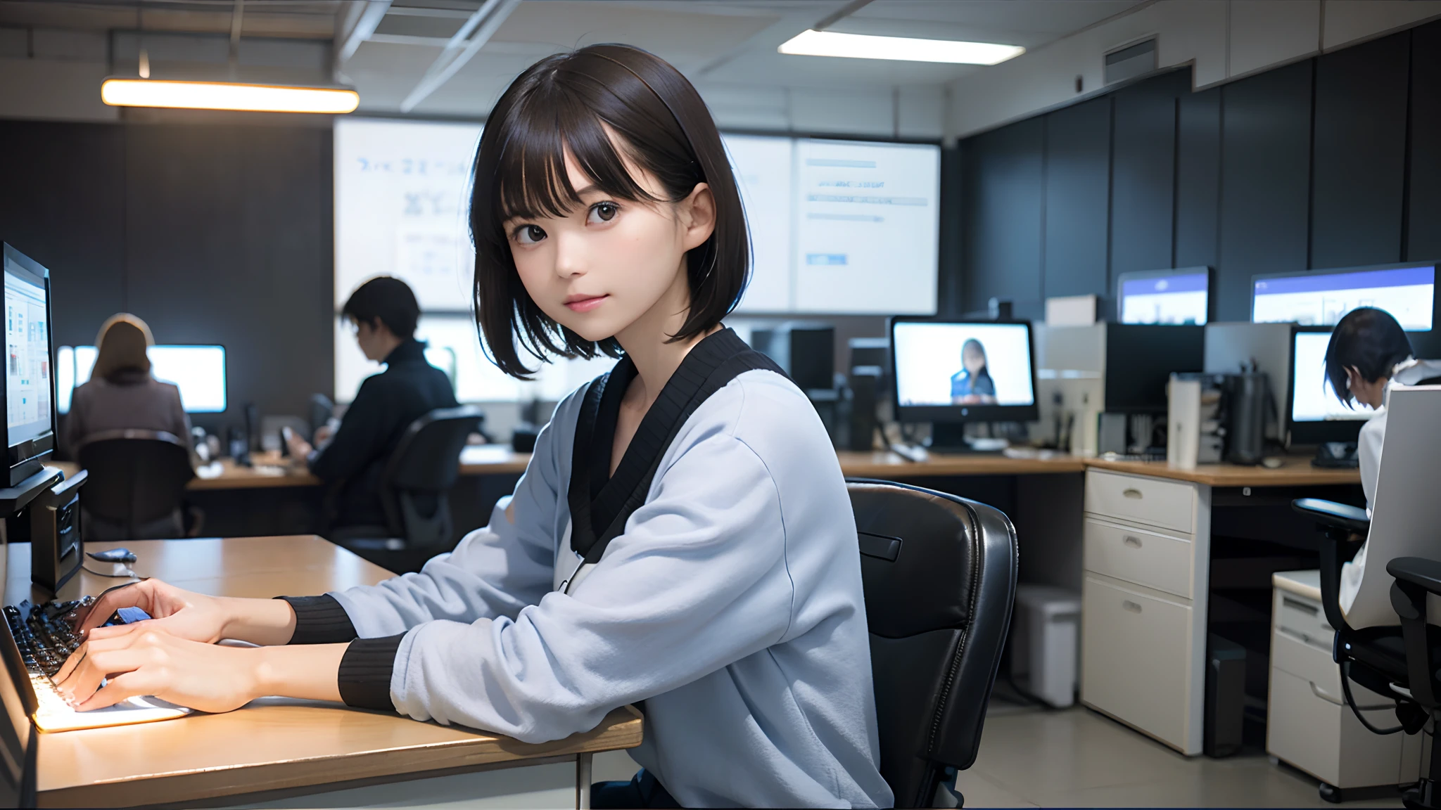 masutepiece, of the highest quality, 1 Lady, 20yr old, ((short-hair)), ((computer lab))