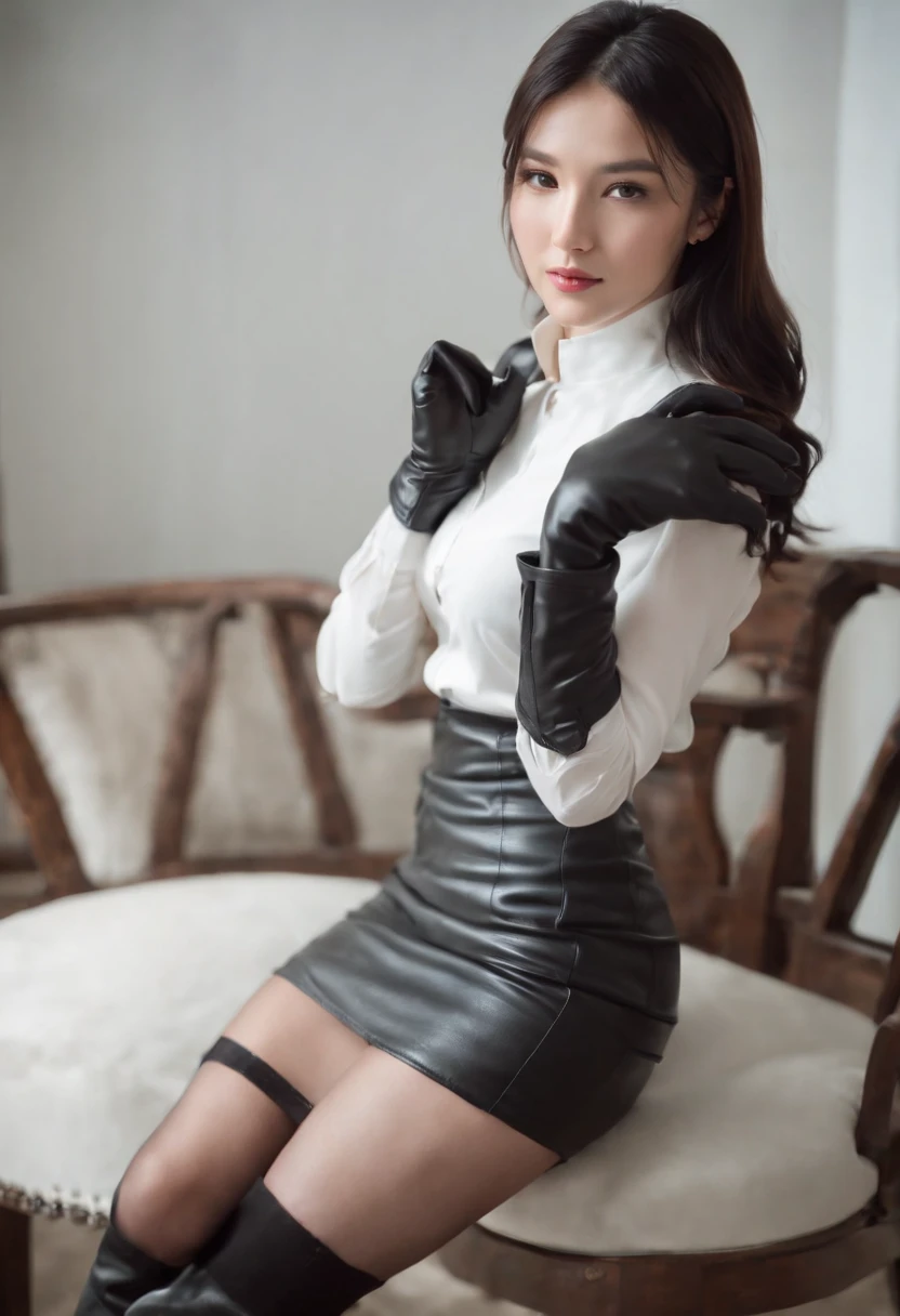 Anime, Illustration, dominatrix, queen, femdom, ride horse, Seductive, malformed, Woman, White blouse, gloves, Long hair, Looking at Viewer, smug, Smirk