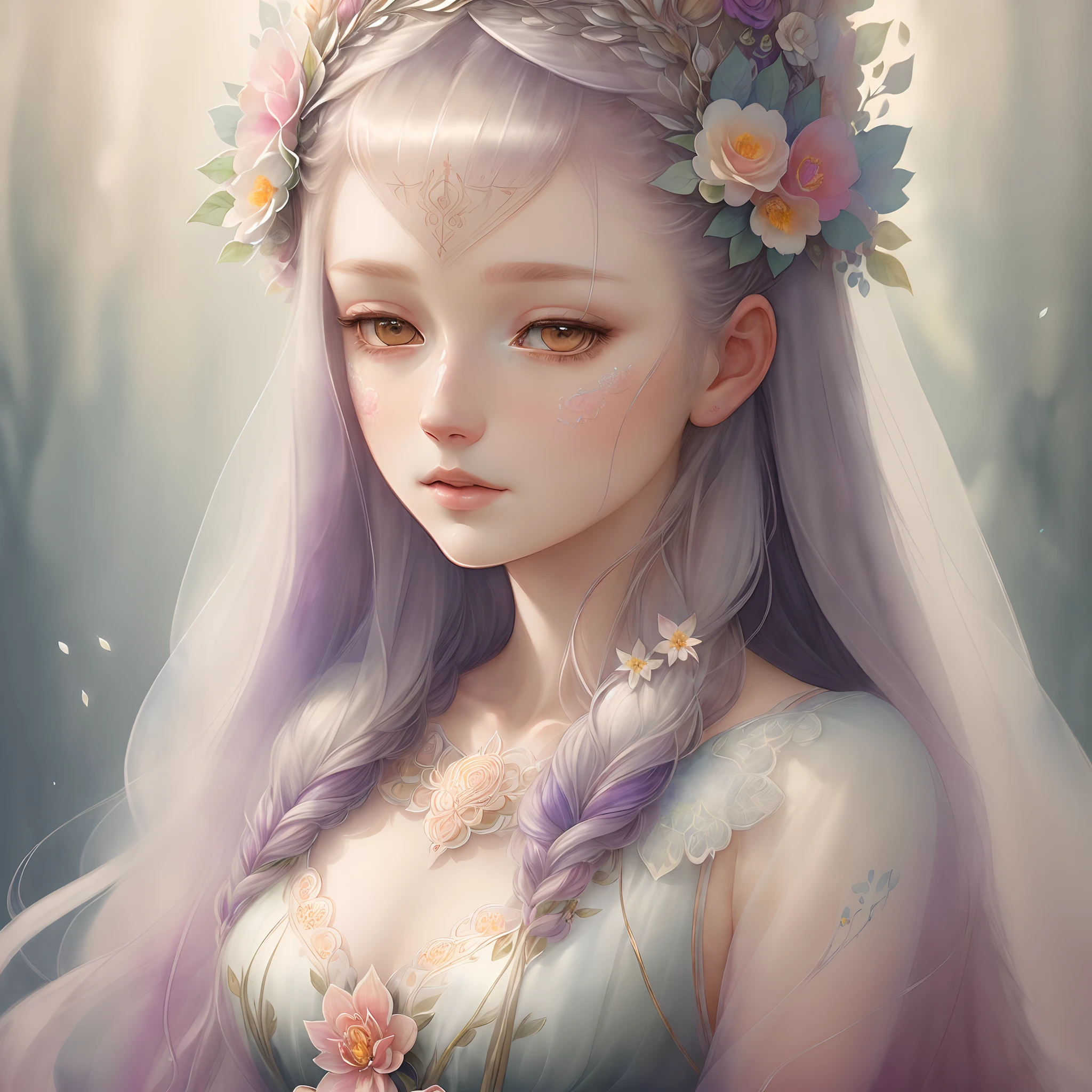 (Very detailed and ethereal, Watercolor portrait, Anna Dittmann-inspired style, Best lighting and intricate details), (Flower girl with long hair and delicate features, Intricate floral headdress), (Soft light and shadow, Vivid yet muted color scheme).