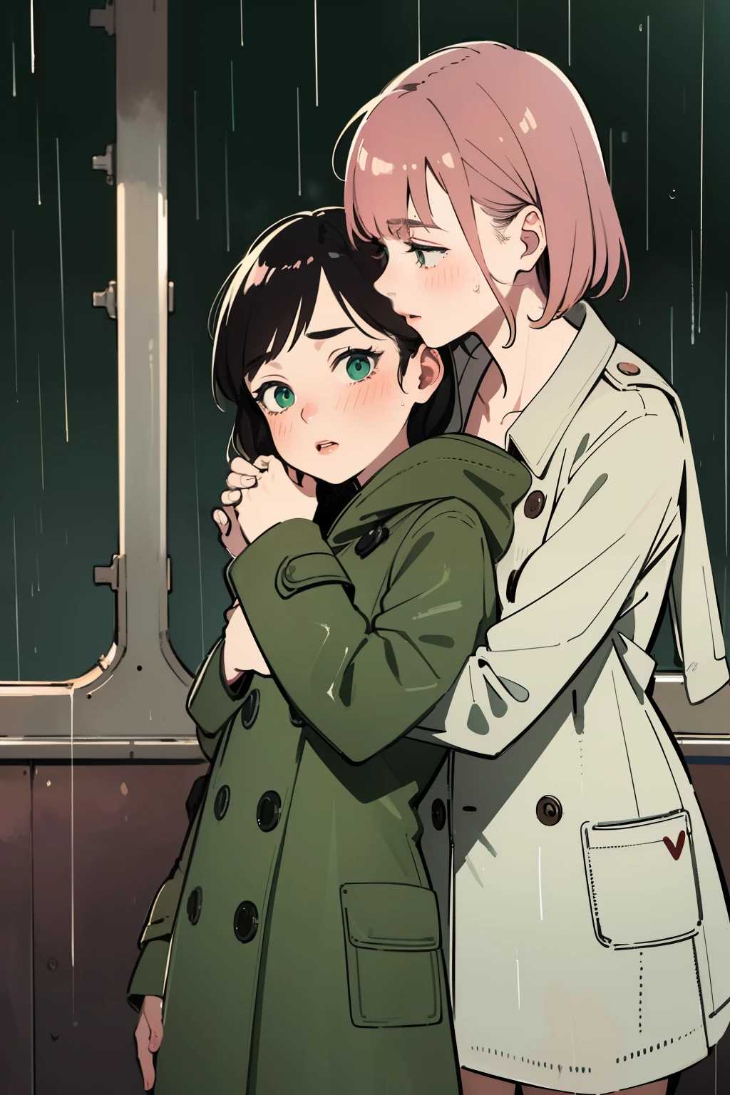 masterpiece, best quality, 2girls, (closeup), 18yo teen, slim, small breast, naked breast, nipple, open green raincoat, goggles on head, standing, in abandoned train, (hugging, love), warming, caress, blush, heavy rain, downpour, wasteland, grey, desolate, rain, dark, watercolor