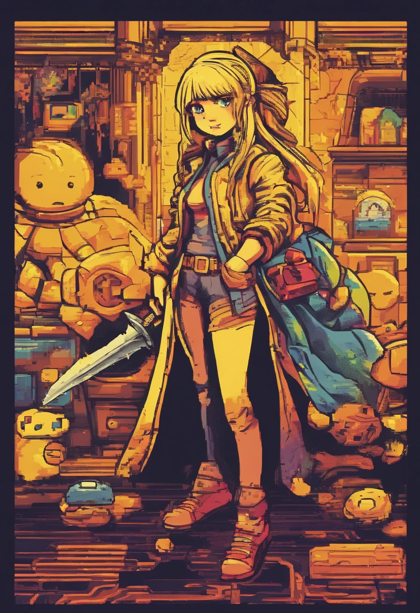 Girl with a big sword, straight bangs, long tails, light yellow hair, Clothing raincoat.
