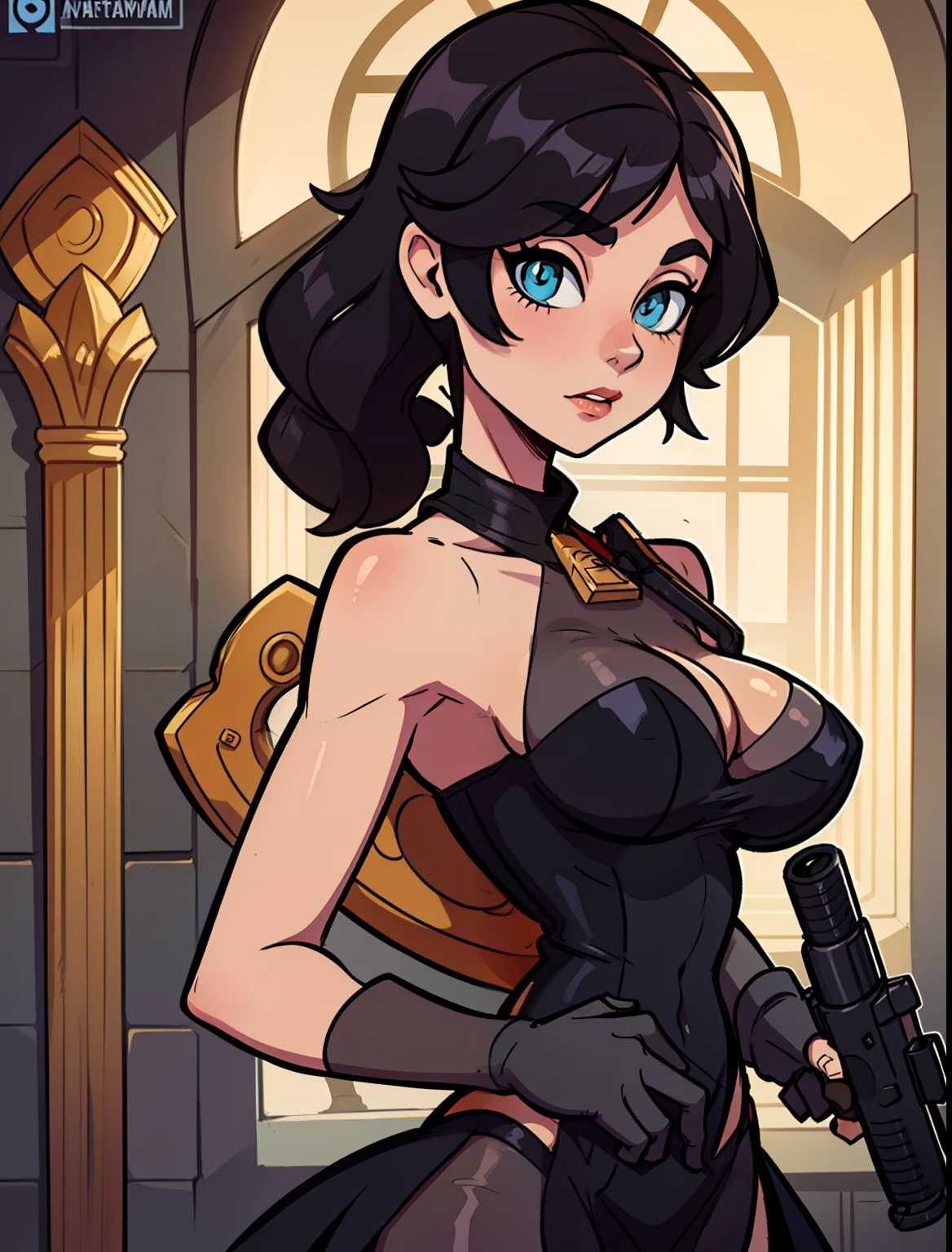 Anime Lady Celine Sinclair - a wealthy socialite who is secretly a master thief and spy. Lady Sinclair has jet-black hair and wears an elegant evening gown, but she is just as deadly with a set of lock picks as she is with a pistol, a woman in a black dress holding a gun, in style of artgerm, style artgerm, artgerm style, drawn in the style of artgerm, artgerm. anime illustration, digital art of an elegant, style ivan talavera and artgerm, in the style artgerm, Anya from spy x family