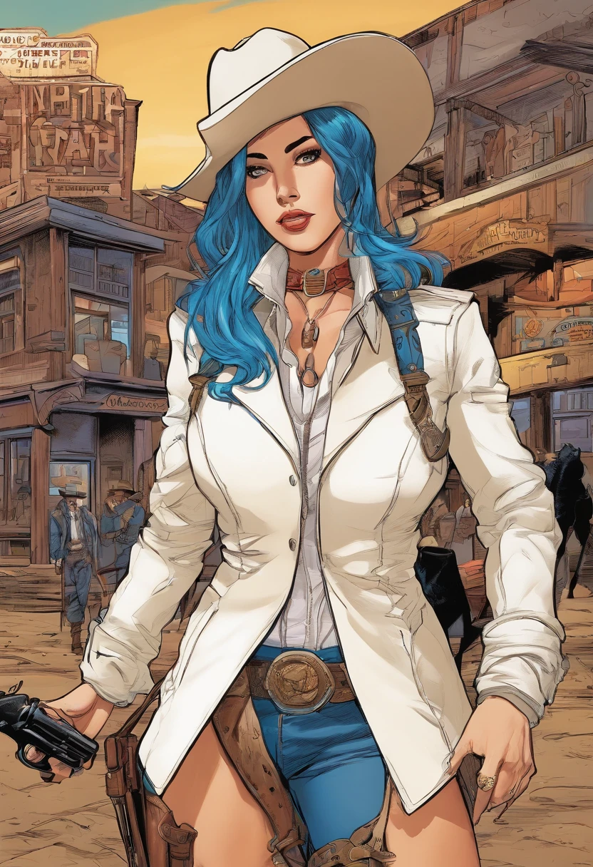 Action scene in a western movie, Alissa White-Gluz with blue hair, dressed in a white trench coat, blouse and cowboy hat walks in to a saloon with draw pistols ((pointed at the viewer)). Full body