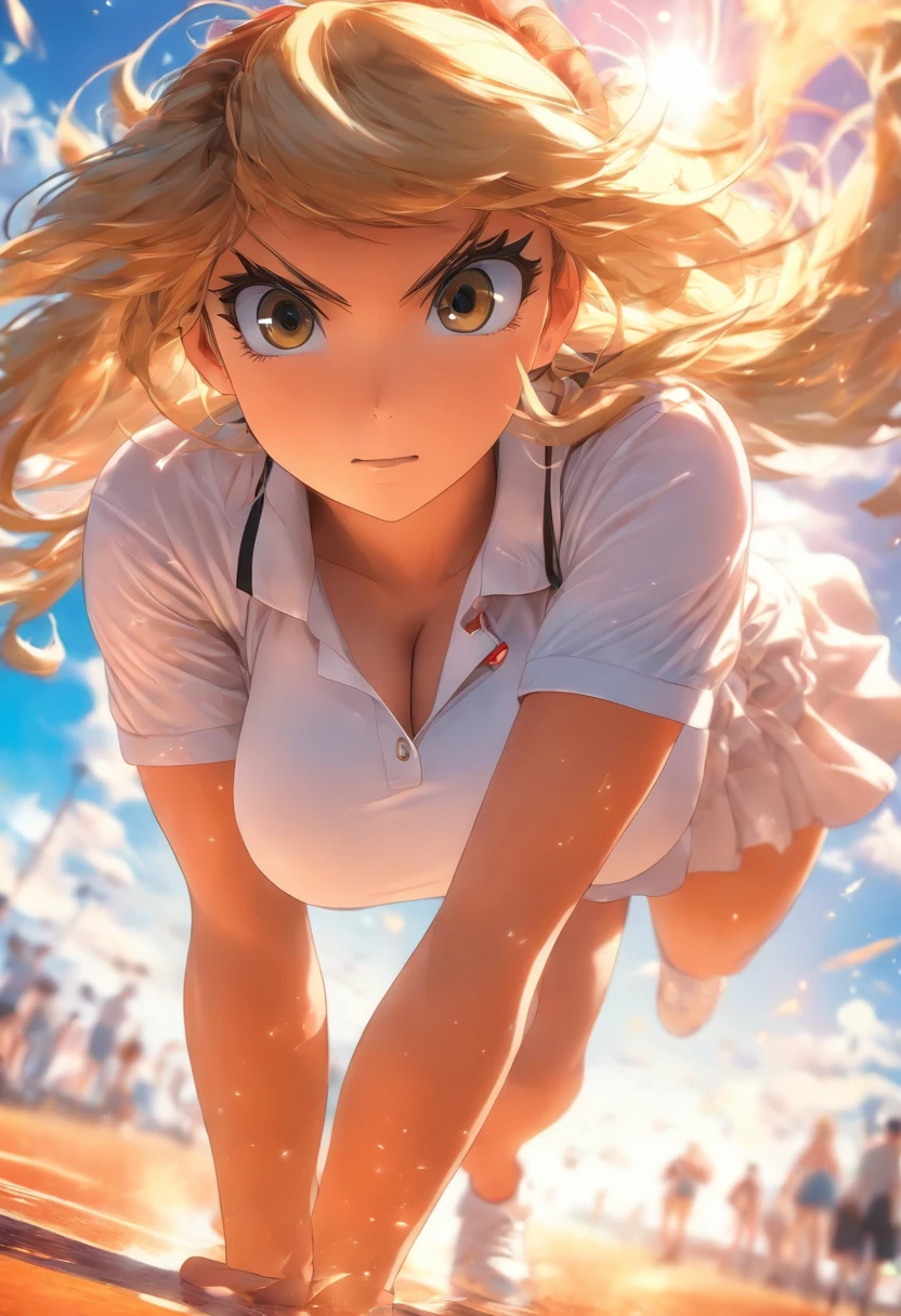1Girl huge big, Solo, white polo shirt, white sneakers, Tennisbekleidung, white miniskirt, Meistergemälde, the best quality, pfotorealistisch, Ultra-detailliert, (Shiny skins, geschwitzt:1.4), Absurd, Blick auf den Zuschauer, mit kurzen schwarzen Haaren, braunäugig,Schlank,Dynamisches Licht und Schatten,hight resolution,Scharfer Fokus,Depth of field,Die Augen sind zart,sharp pupils,Pupille realistisch,(massive breasts),(dicke Oberschenkel:1.0),al fresco,Himmel