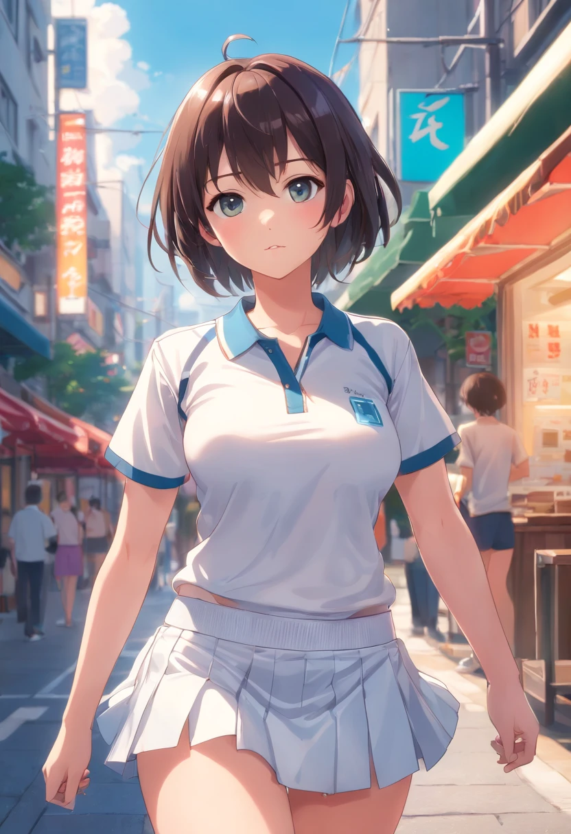 1Girl huge big, Solo, white polo shirt, white sneakers, Tennisbekleidung, white miniskirt, Meistergemälde, the best quality, pfotorealistisch, Ultra-detailliert, (Shiny skins, geschwitzt:1.4), Absurd, Blick auf den Zuschauer, mit kurzen schwarzen Haaren, braunäugig,Schlank,Dynamisches Licht und Schatten,hight resolution,Scharfer Fokus,Depth of field,Die Augen sind zart,sharp pupils,Pupille realistisch,(massive breasts),(dicke Oberschenkel:1.0),al fresco,Himmel