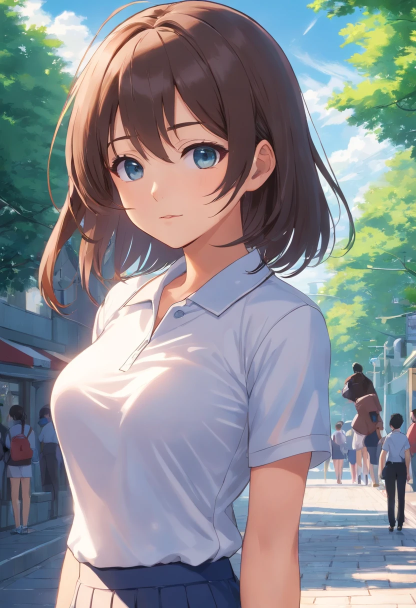 1Girl huge big, Solo, white polo shirt, white sneakers, Tennisbekleidung, white miniskirt, Meistergemälde, the best quality, pfotorealistisch, Ultra-detailliert, (Shiny skins, geschwitzt:1.4), Absurd, Blick auf den Zuschauer, mit kurzen schwarzen Haaren, braunäugig,Schlank,Dynamisches Licht und Schatten,hight resolution,Scharfer Fokus,Depth of field,Die Augen sind zart,sharp pupils,Pupille realistisch,(massive breasts),(dicke Oberschenkel:1.0),al fresco,Himmel
