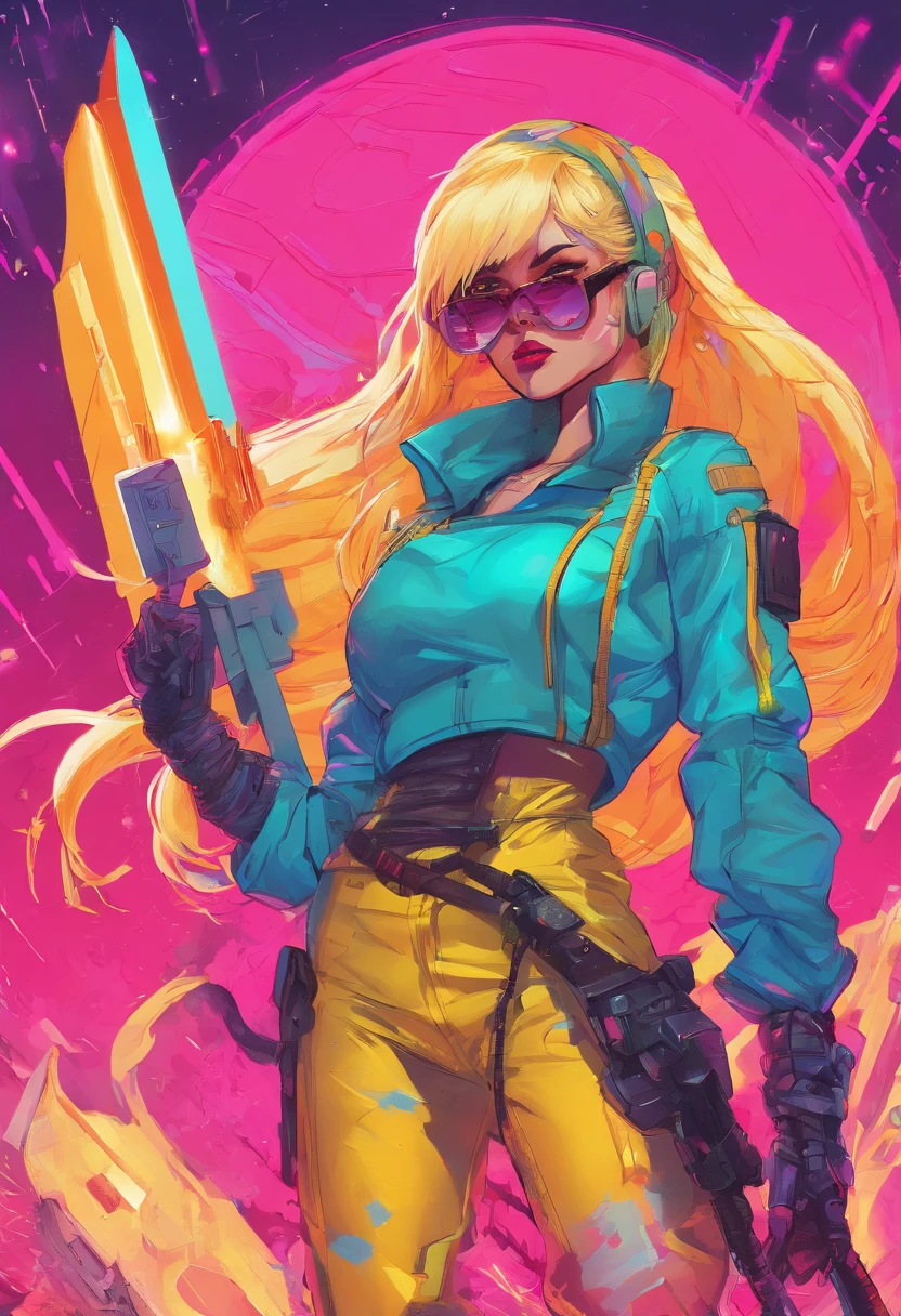 Girl with a big sword, Straight bangs, Long tails, light yellow hair, Raincoat clothing.