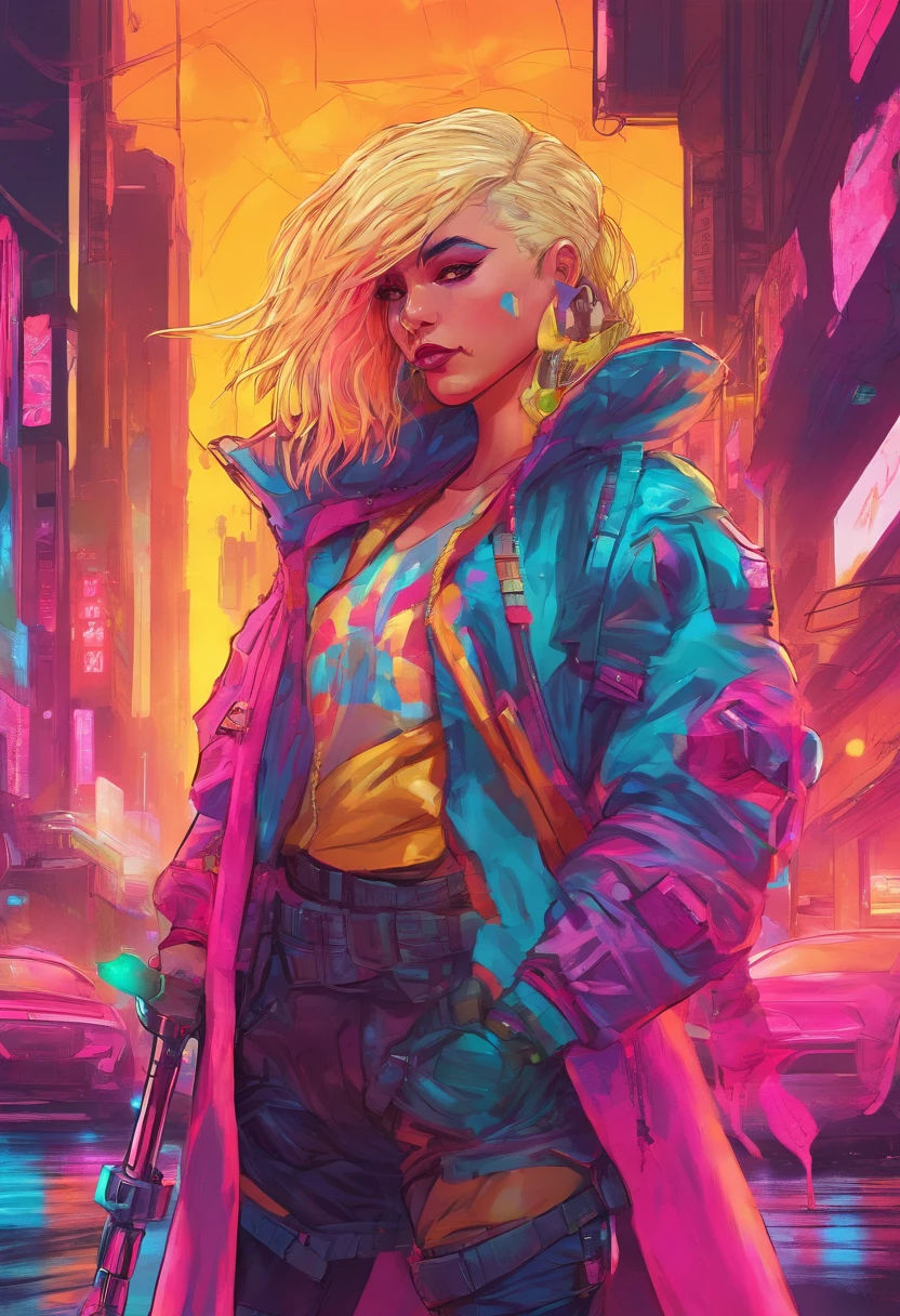 Girl with a big sword, Straight bangs, Long tails, light yellow hair, Raincoat clothing.