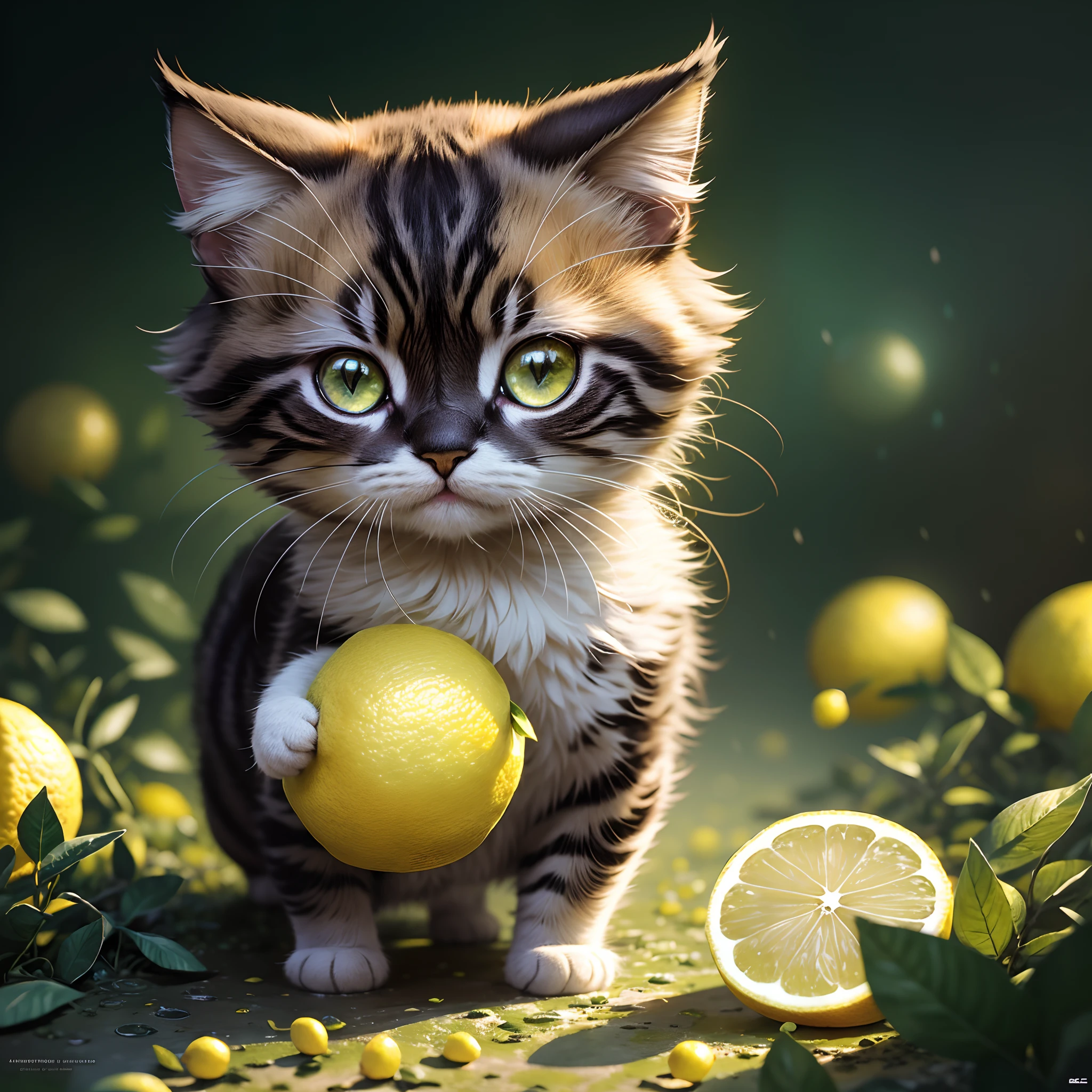 An eccentric and adorable cute and furry chibi baby cat like a lemon in a lemon field bioluminescent, soft lighting, sharp focus, by Marc Simonetti & Yoji Shinkawa & WLOP, paint drops, edges, artstation trends , photo studio, intricate details, highly detailed