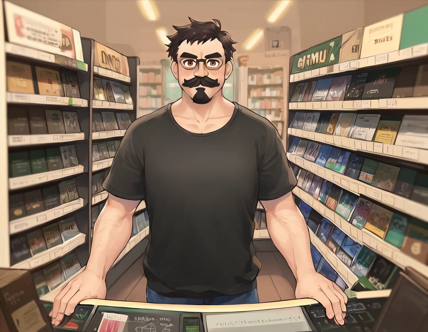 Hay un hombre con bigote y gafas parado en una tienda, Hagrid en lindo estilo anime, barba de cuello, por Shingei, en un estilo anime, Retrato de Lofi, Tienda, tienda, De pie en un supermercado, digital anime illustration, Makoto Shinka, farmacia, character portrait of me, Retrato de personaje de cuerpo completo, Anime Man