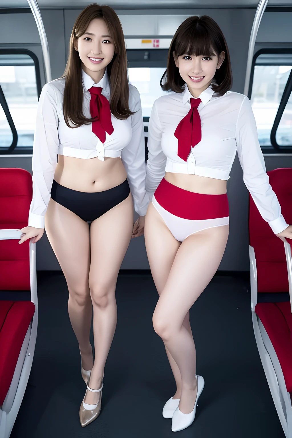2girls, 16 K, Best Quality, 超A high resolution, School uniform, Train interior, is standing, Full body, Legs, thighs thighs thighs thighs, (Panties:1.2), Skirt lift, lifted by self, look looking at viewer, Full smile, Black Short Bob Hair, BREAK,Blonde long hair, JK train opposite ,Realistic, Lips, Slender thighs, Slender legs,
Open knees, up looking_Down,from a_Above,