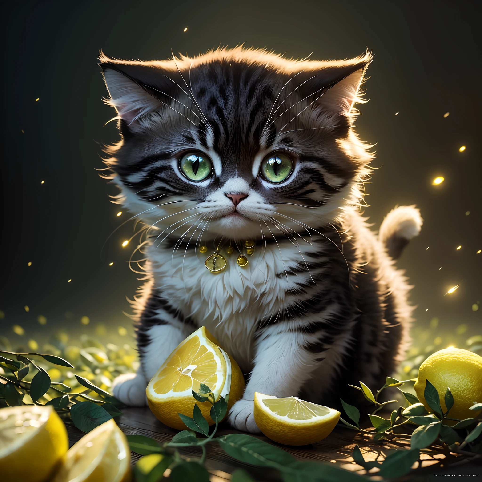 An eccentric and adorable cute and furry chibi cat like a lemon in a lemon field bioluminescent, soft lighting, sharp focus, by Marc Simonetti & Yoji Shinkawa & WLOP, paint drops, edges, artstation trends , photo studio, intricate details, highly detailed